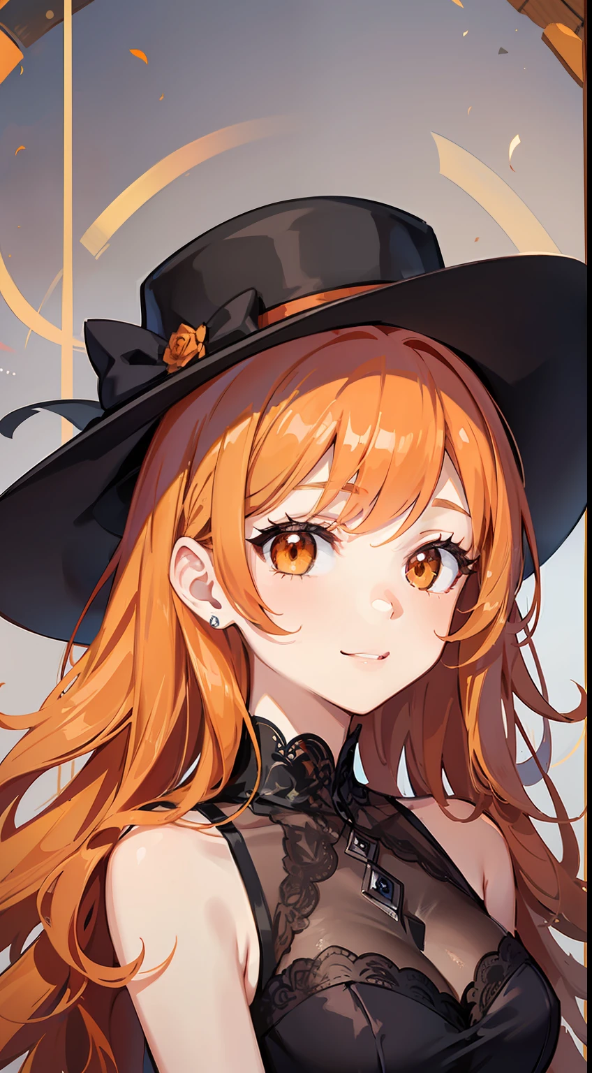 adult girl, long curly orange hair, Orange Eyes, black dress and hat, ssmile, Masterpiece, hiquality