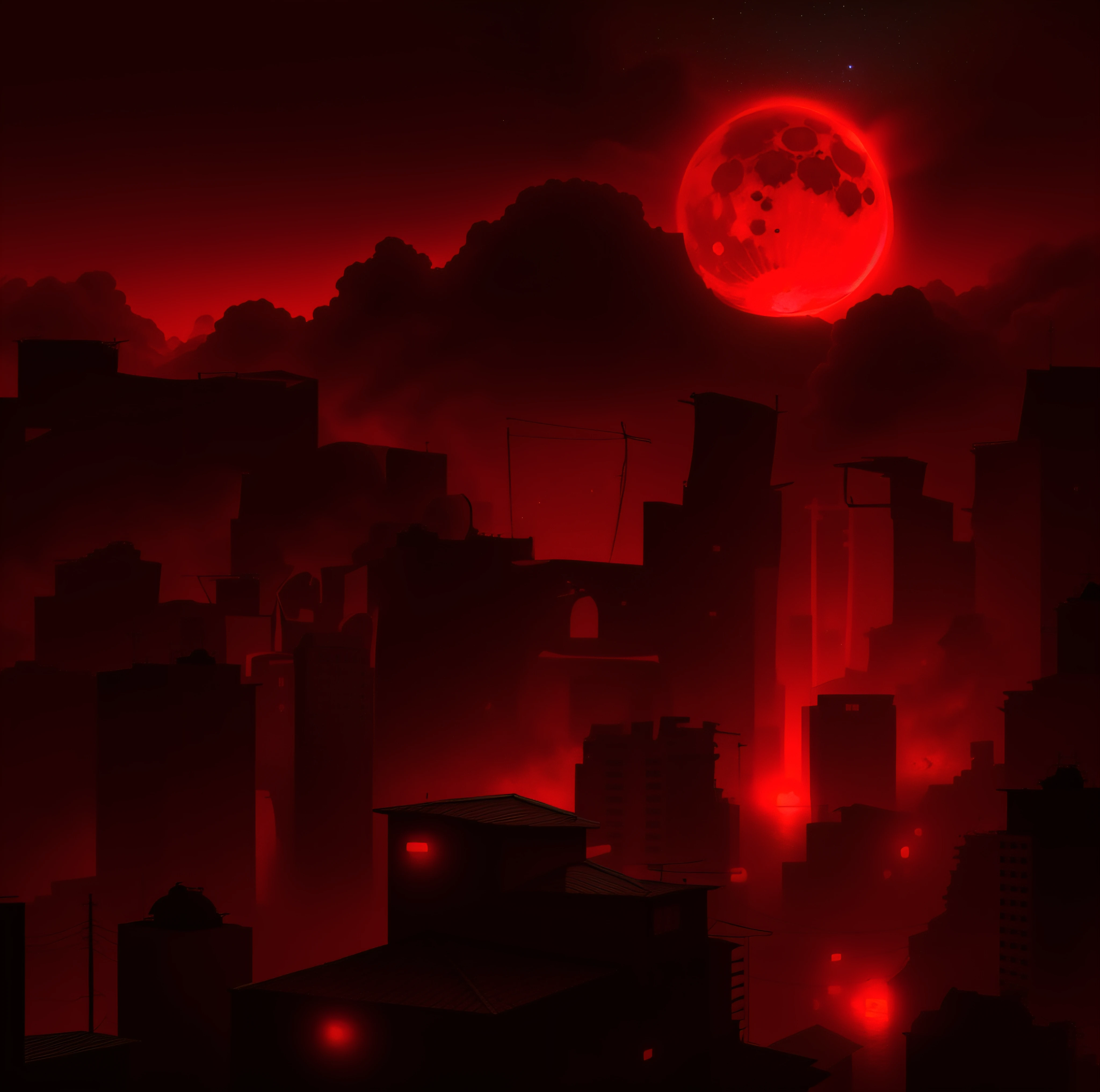 Paisagem urbana com uma bola vermelha no meio dela, lua vermelha, the moon is big and in the city, Nuclear Explosion Moon Eclipse, lua vermelha enorme, fundo da lua de sangue, durante uma lua de sangue, desolado. digital illustation, pairando sobre uma cidade, Paisagem urbana escura, Lua vermelha de sangue, lua de sangue, Fundo sombrio da paisagem urbana, disco voador visivel no ceu
