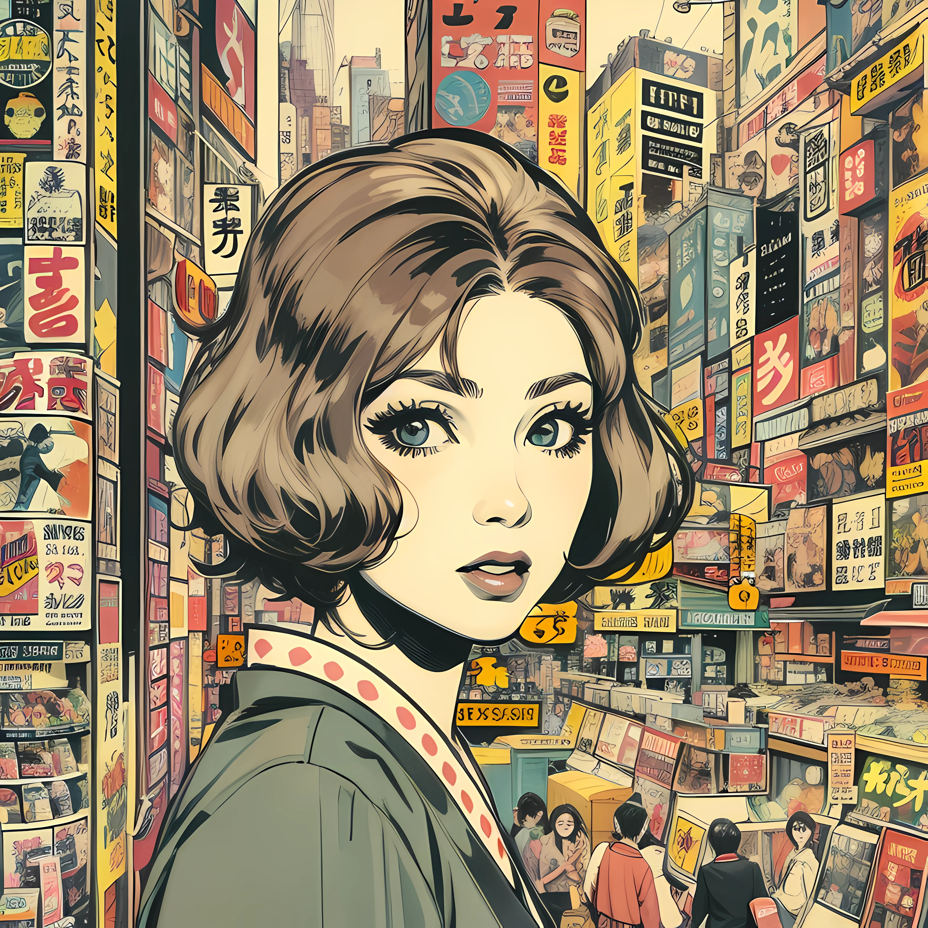 Woman, Japan City, 60s, Pop Art, masterpiece, journal, daily news