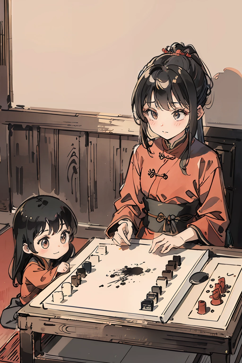 (tmasterpiece,best qualtiy:1.2),Tradition Chinese Ink Painting,Two small children,Serious chess。