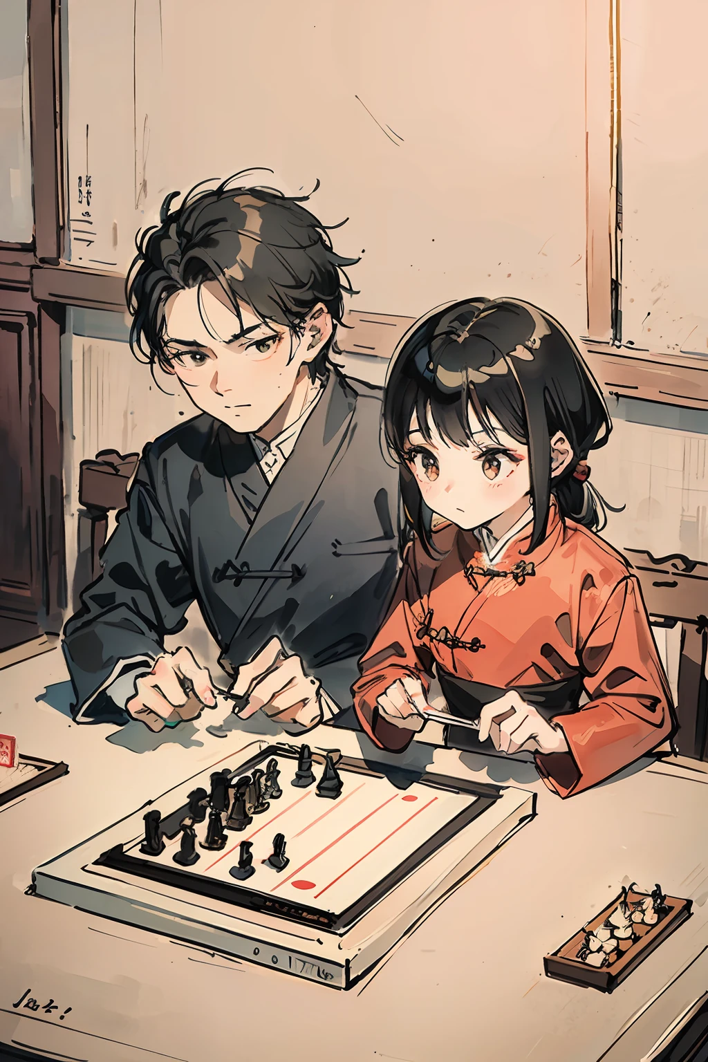 (tmasterpiece,best qualtiy:1.2),Tradition Chinese Ink Painting,Two small children,Serious chess。