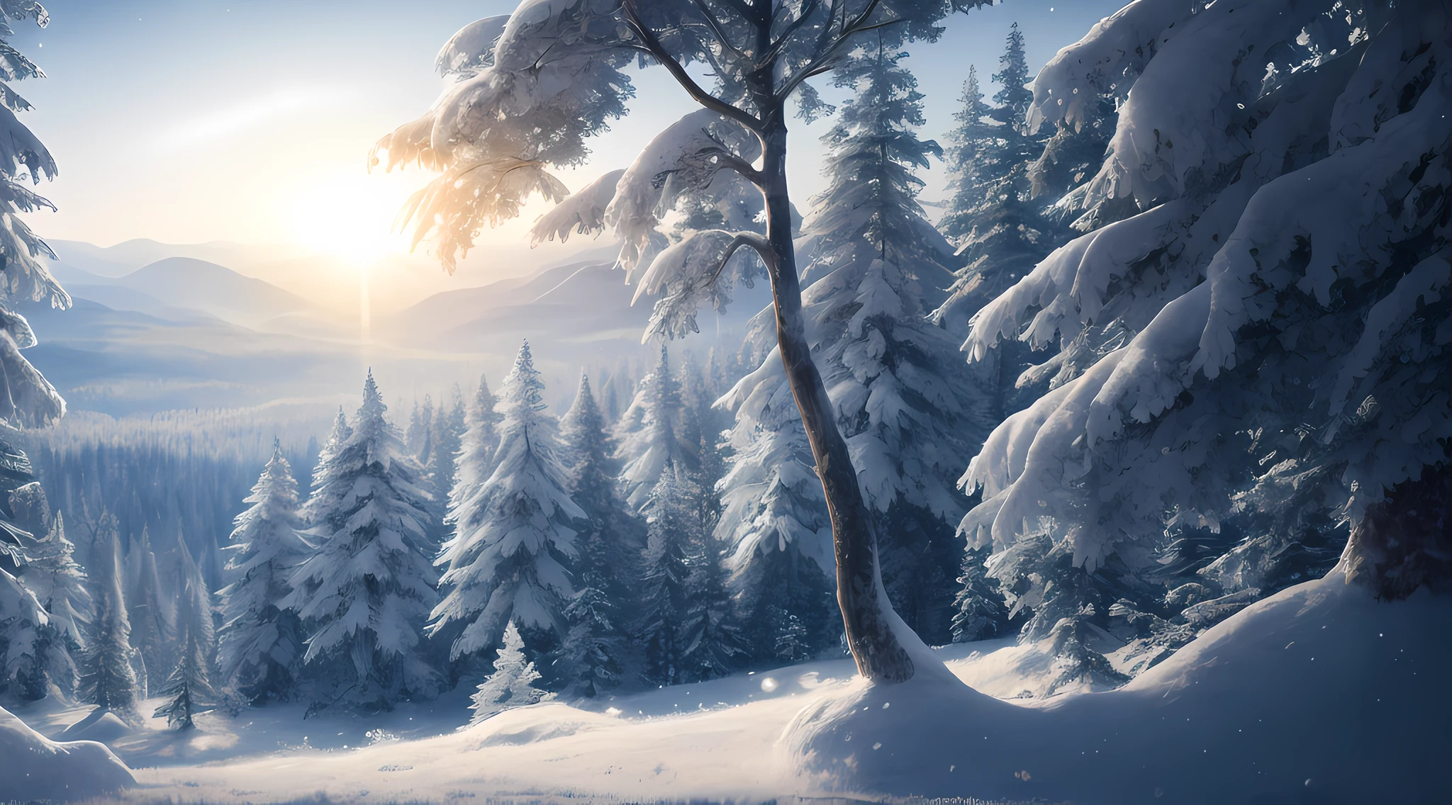 Masterpiece, best quality, high quality, extremely detailed CG unity 8k wallpaper, vast and quiet coniferous forest stretching to the horizon, lush green trees harmoniously gathered together, fresh breeze whispering through the leaves, frozen ground Topped with crystal snow, creating stunning peaceful landscapes, bokeh, depth of field, HDR, bloom, chromatic aberration, photorealism, highly detailed, trending on artstation, trending on CGsociety, intricate, high detail, dramatic, art by midjourney