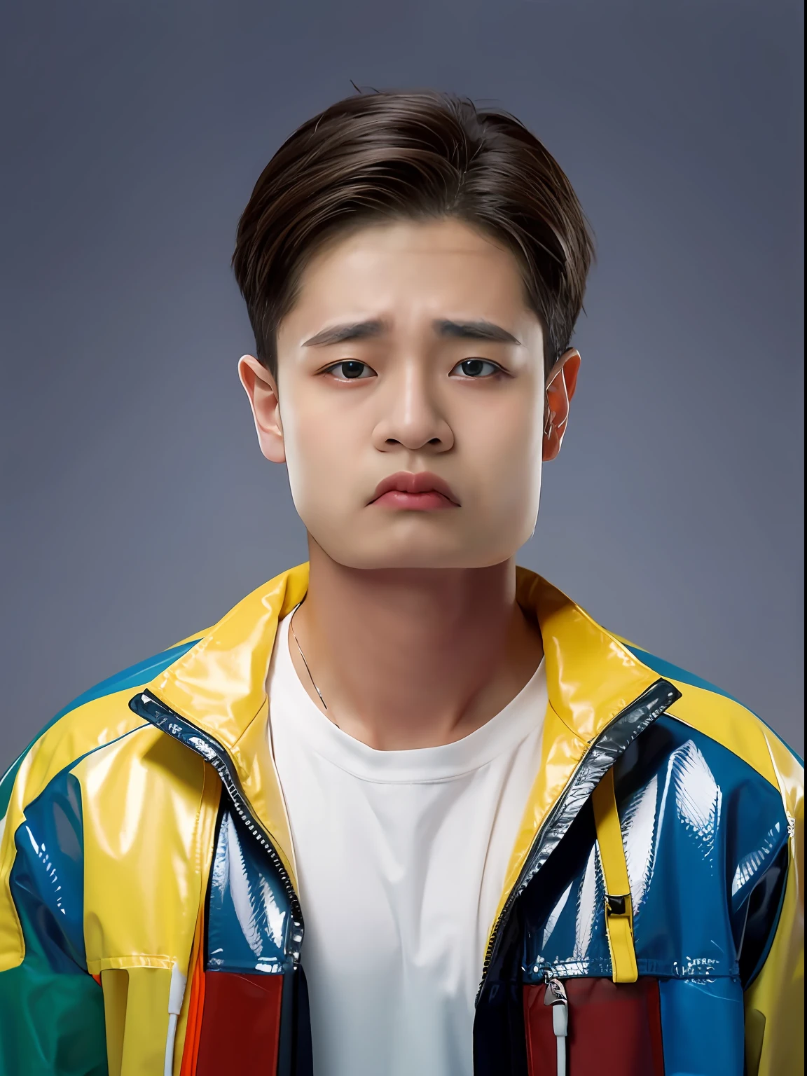 17-year-old male high school student,Wearing PVC yellow-blue tracksuits,Short hair,red brown,face expressionless