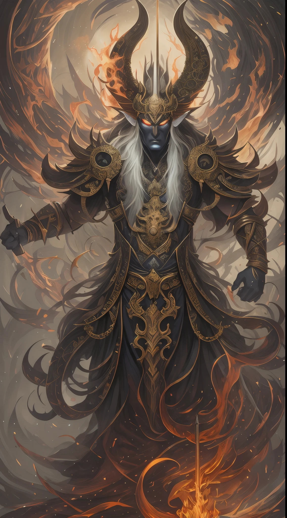 photore，sportrait，God floating on fire[The discovery of wormholes leads to a new world|The cursed prince must marry the Void]，[sci-fy：fanciful：0.6]cinmatic lighting，detailedbackground，at centre，Michael Bay style，insane detailed，k hd，concept-art，number art，with dynamism，（The most beautiful art in the world：1.2），（V0id3nergy：1.3），A man with a sword and a demon，beautiful male god of death，mohrbacher，Inspired by Shunkōsai Hokushu，In the artistic style of Morebach，asura from chinese myth，the god of chaos，Inspired by Ryūkōsai Jokei，Style Peter Molbach