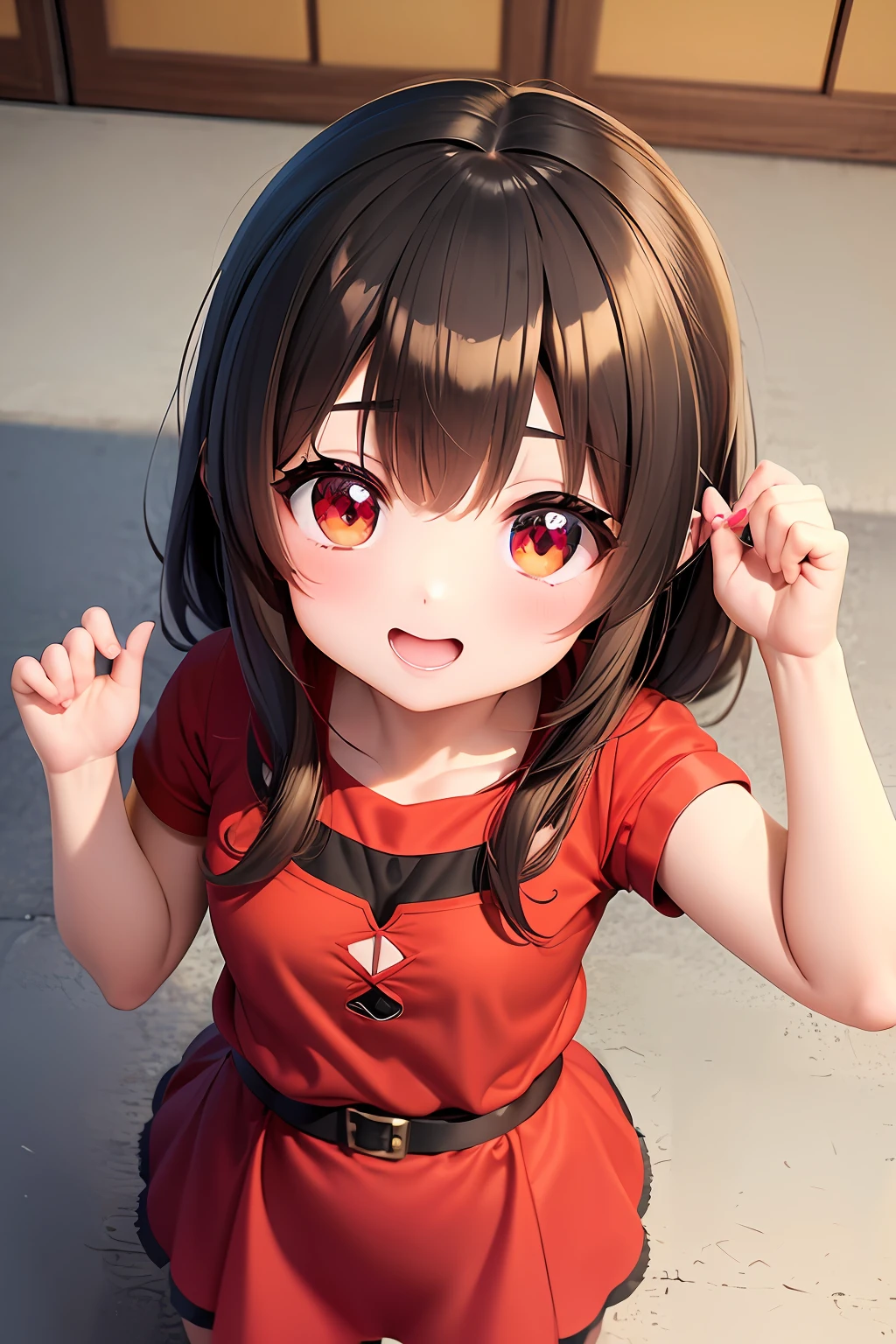 Pequena Menina Megumin anime Konosuba em um vestido vermelho e amarelo, anime moe artstyle, red eyes, cabelos curtos cor castanho, retrato da menina anime bonito, menina anime bonita, render de uma menina anime 3d bonito, menina anime, menina anime retrato, (menina anime)