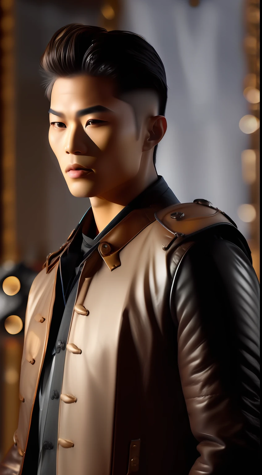 (1 Men,(8K:1.3), Knight image,Asian man photo,Mature men(Best quality, Masterpiece), 超高分辨率:1.2,The silhouette blends in with Korea&Japanese male style,The image is based on a 30-year-old man,The character's facial contours are three-dimensional,Be three-dimensional,Wild like a motorcyclist, Wear leather textured gloves(Full of detail),Short brown hair(Gradient lighting), 1 man, The skin texture is clear, Look ahead,The man's eyes were anxious,Chapped lips,Sweat on the forehead,The eyes are slender, (Photorealistic:1.4), (Best quality:1.0), (超高分辨率:1.0), 8K, RAW photo, (Masterpiece:0.2), (PureErosFace_V1:0.5),Feral male image, Men's leather biker jacket(metallic buttons),Several patterned printed shirts,Wear necklaces and bracelets and 3 metal chains in different styles,A thick rope is tied around the waist, The venue is located in front of the amusement park carousel, The man's expression was nervous,Liso's action,mystical ambiance,Male posture and male facial features(Three-dimensional),Hair is scattered and layered,Lights illuminate the characters from top to bottom,Bare hair,sun light,画面压抑而紧张➕全男性特征元素