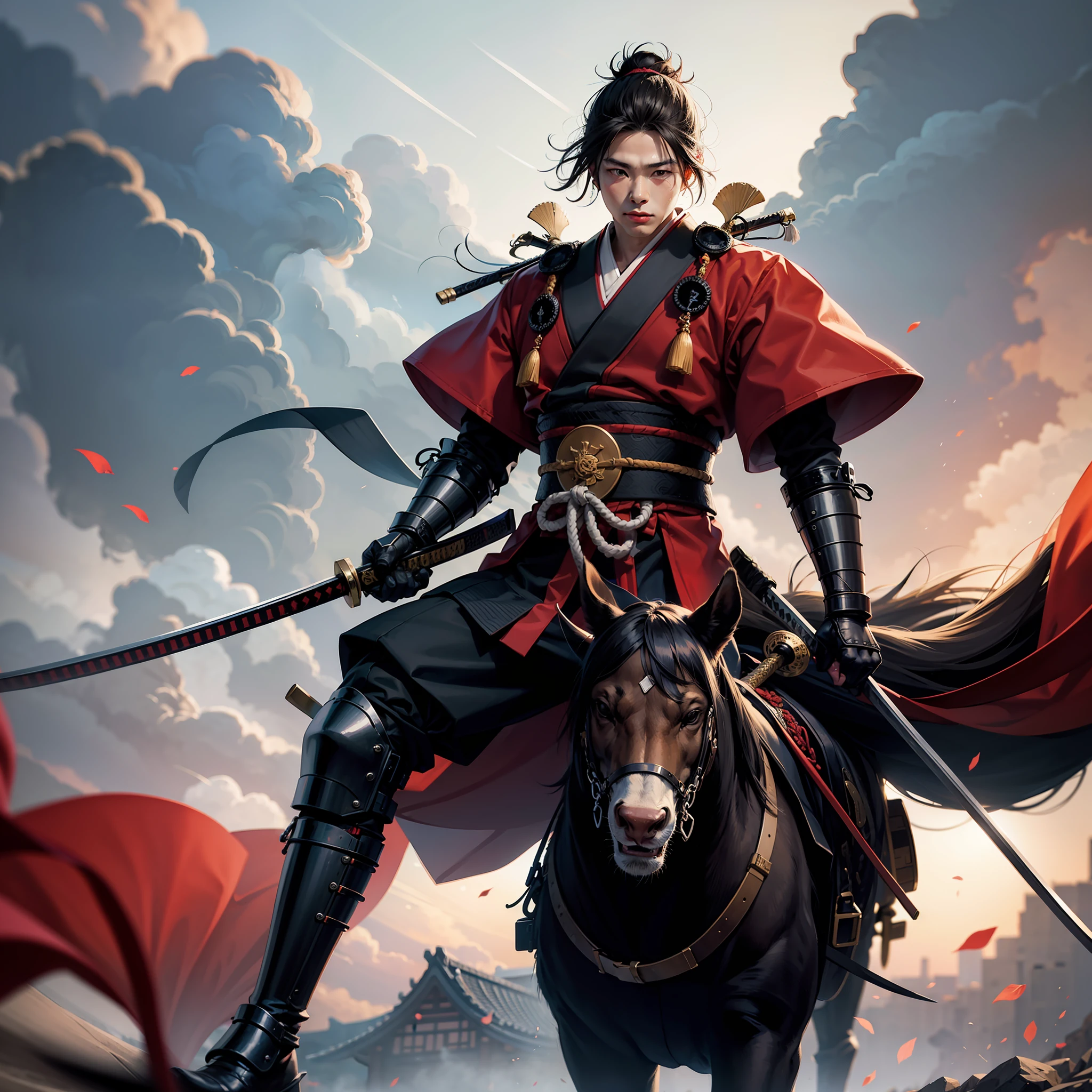 Japanese samurai man holding two katanas