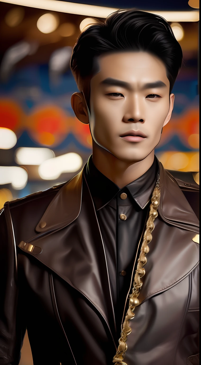 (1 Men,(8K:1.3), Knight image,Asian man photo,Mature men(Best quality, Masterpiece), 超高分辨率:1.2,The silhouette blends in with Korea&Japanese male style,The image is based on a 30-year-old man,The character's facial contours are three-dimensional,Be three-dimensional,Wild like a motorcyclist, Wear leather textured gloves(Full of detail),Short brown hair(Gradient lighting), 1 man, The skin texture is clear, Look ahead,The man's eyes were anxious,Chapped lips,Sweat on the forehead,The eyes are slender, (Photorealistic:1.4), (Best quality:1.0), (超高分辨率:1.0), 8K, RAW photo, (Masterpiece:0.2), (PureErosFace_V1:0.5),Feral male image, Men's leather biker jacket(metallic buttons),Several patterned printed shirts,Wear necklaces and bracelets and 3 metal chains in different styles,A thick rope is tied around the waist, The venue is located in front of the amusement park carousel, The man's expression was nervous,Liso's action,mystical ambiance,Male posture and male facial features(Three-dimensional),Hair is scattered and layered,Lights illuminate the characters from top to bottom,Bare hair,sun light,画面压抑而紧张➕全男性特征元素