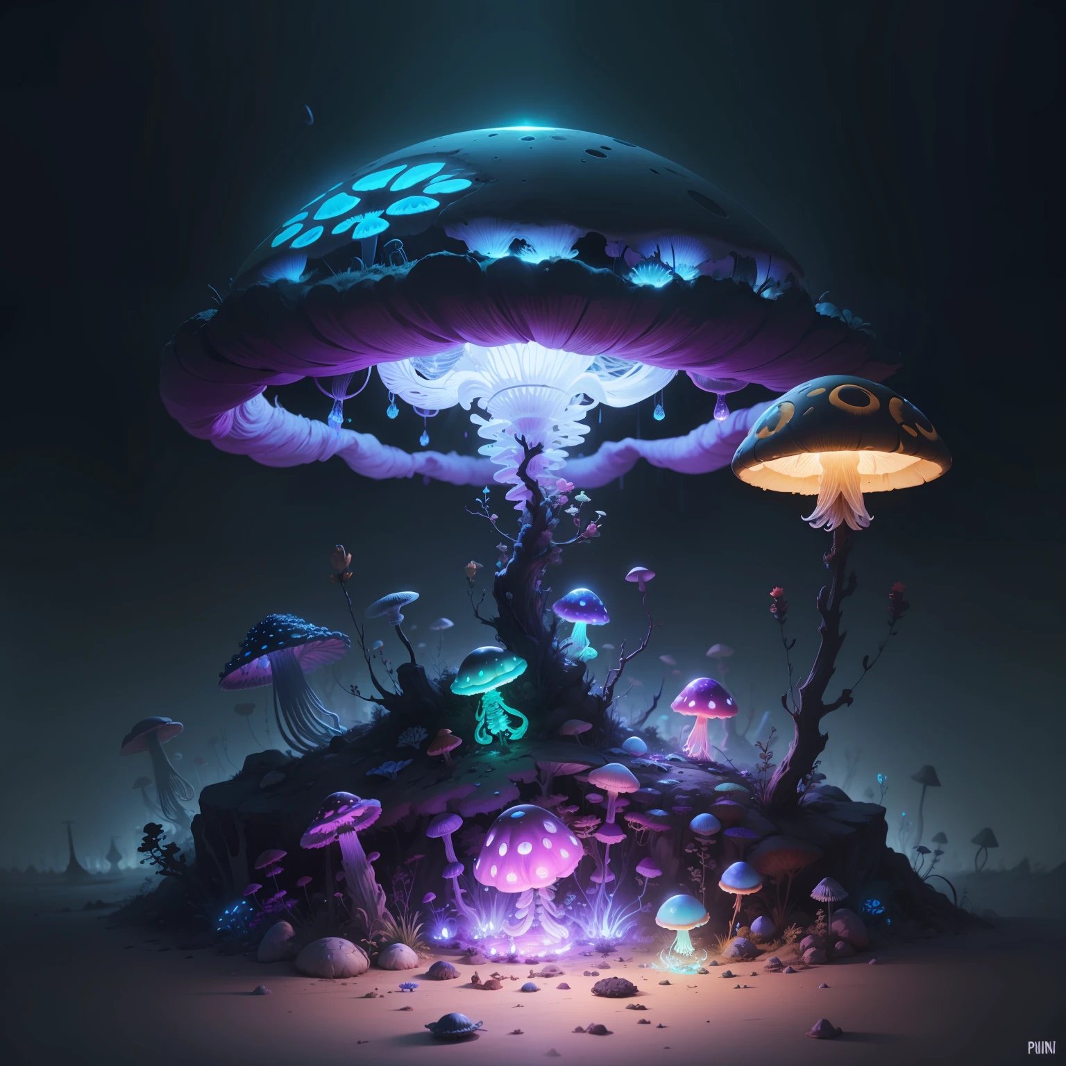 ShroomPunkAI, bioluminescence, skeleton, messy environment