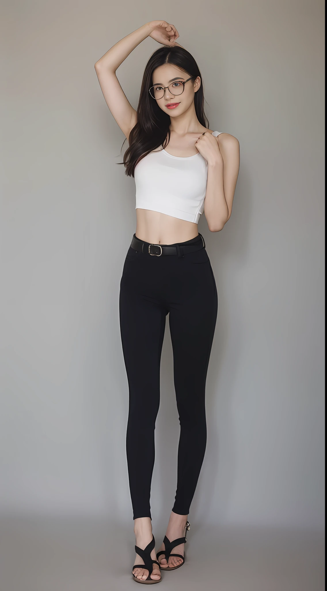 Pure，adolable，Wearing glasses，having fun，The face is reddish，Bright lips，Pure and cute，Eyes have light，ssmile，wearing legging，seductiv，Wrapped buttocks，Wear sandals，The figure is good，Good texture，Ultra-clear picture,CG quality，Film light and shadow，9 head body，Short upper body，legs long，Good body proportions，Skinny flared pants，open waist，Open navel，revealing the lower abdomen，Skin texture，The picture has texture，Look at the underwear belt，in company，in a school，Cups