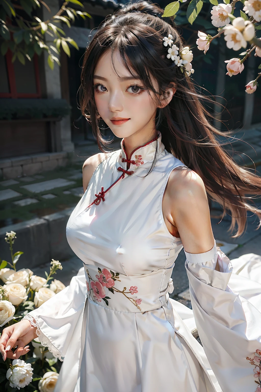 best qualtiy，tmasterpiece，超高分辨率，（真实感：1.4），RAW photogr，1girl，white dresses，Raised sexy，chinese ancient costume，cropped shoulders，blooming flower field，Glowing skin，Light smile