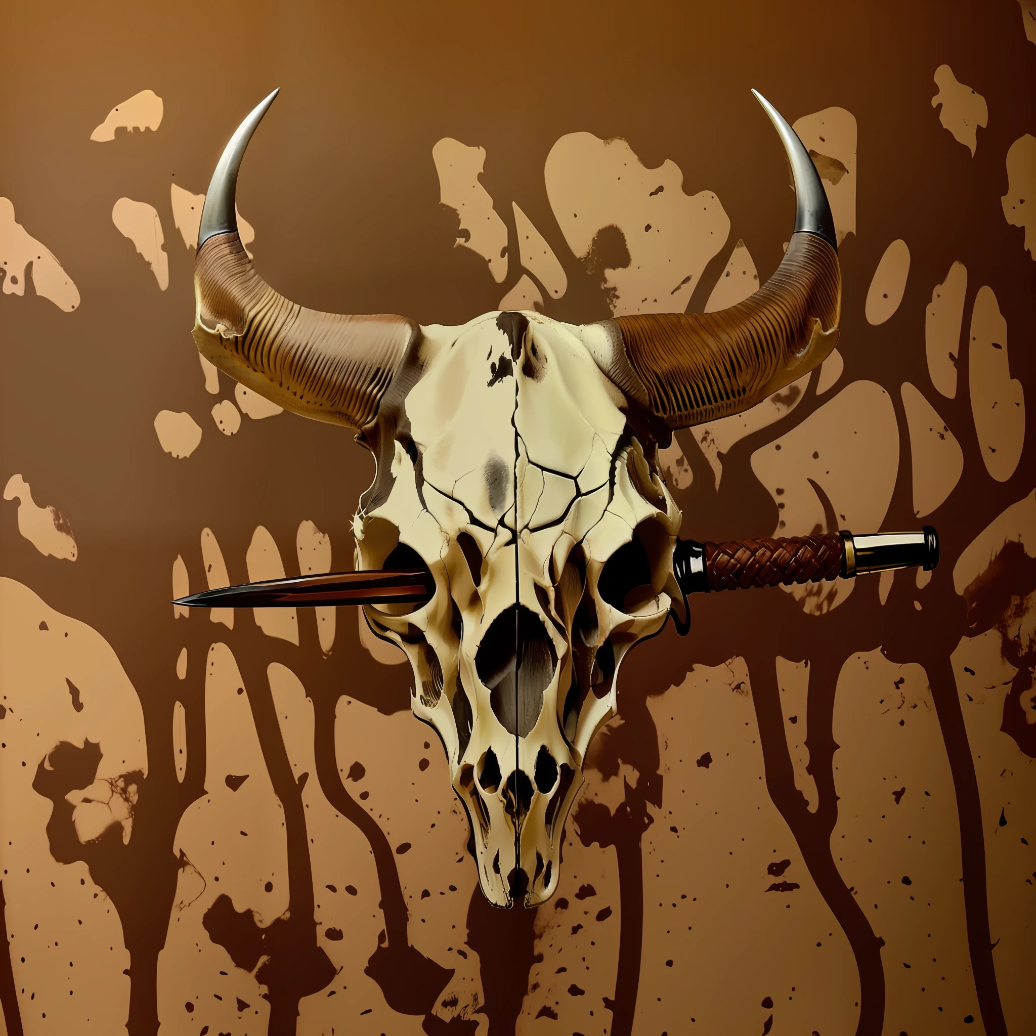 a closeup of a cow skull with a knife in its mouth, cow skull, with an animal skull for a head, Hannibal, chifres vermelhos, cobrir com sangue, horned, Chifres Brancos, capacete com chifres, tem chifres: um afiado, diabo, arte detalhada da capa, bull head, manchado e sangrando, Foto de capa, White demon horns