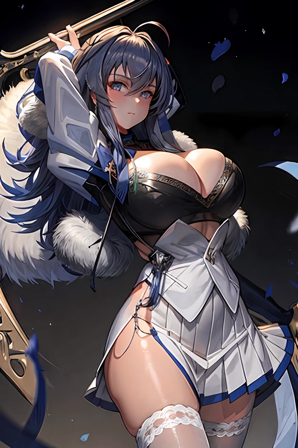 tmasterpiece, Best quality at best, 1girll, long whitr hair, looking at viewert, :3, adolable, black school uniform, exteriors, the street, cowboy lens,big cleavage breasts, curves, (((eBlue eyes))), Rias Gremori,Blue hair, Antenna hair, wavey hair, ((beatiful detailed eyes,beautiful detail glow)),huge tit,