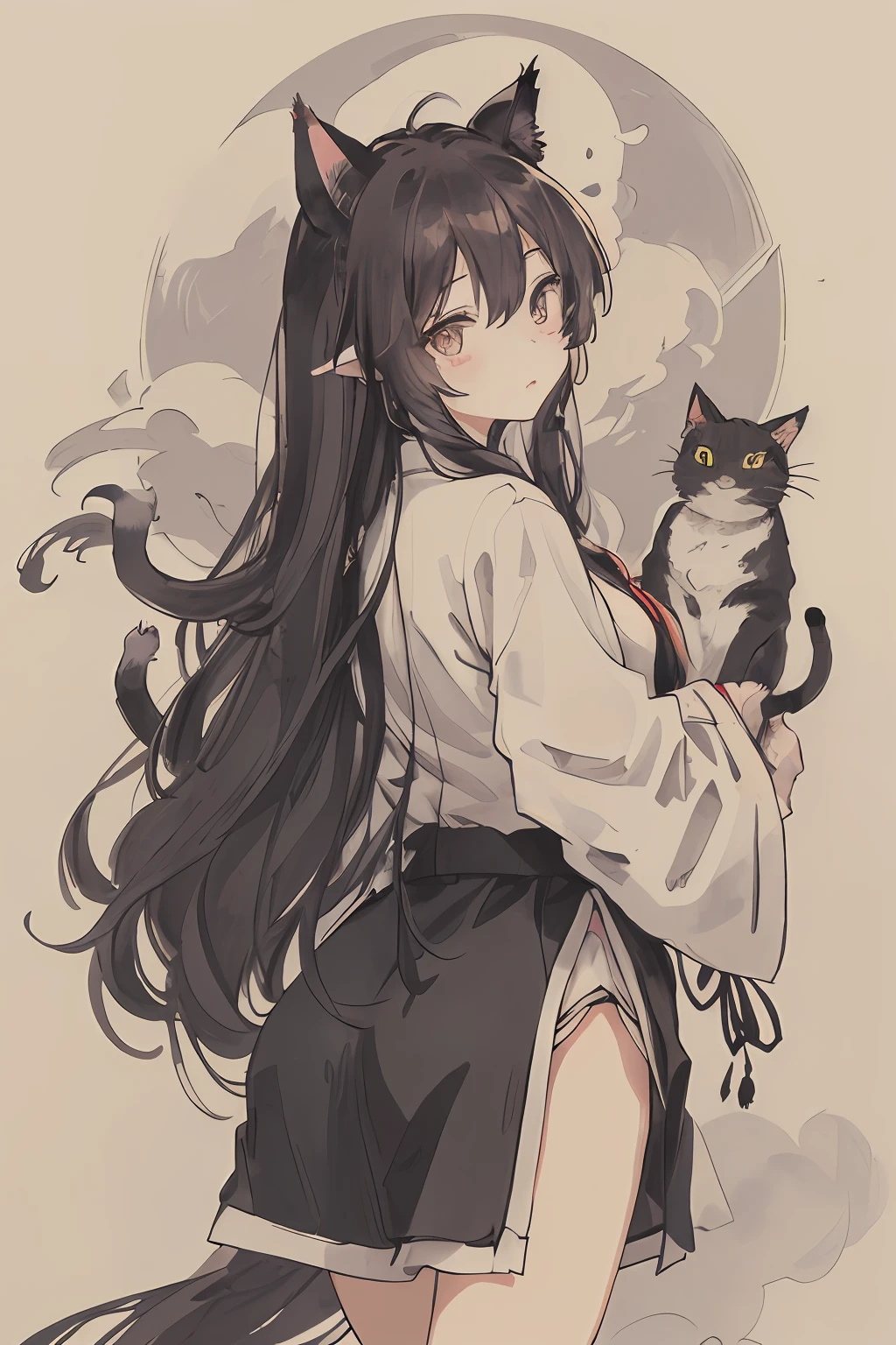 masutepiece, Best Quality, Night, A hill, Clouds, fullmoon,Looking back on this、 Long hair, A dark-haired、Cat's ears、Woman with cat eyes, silhuette,