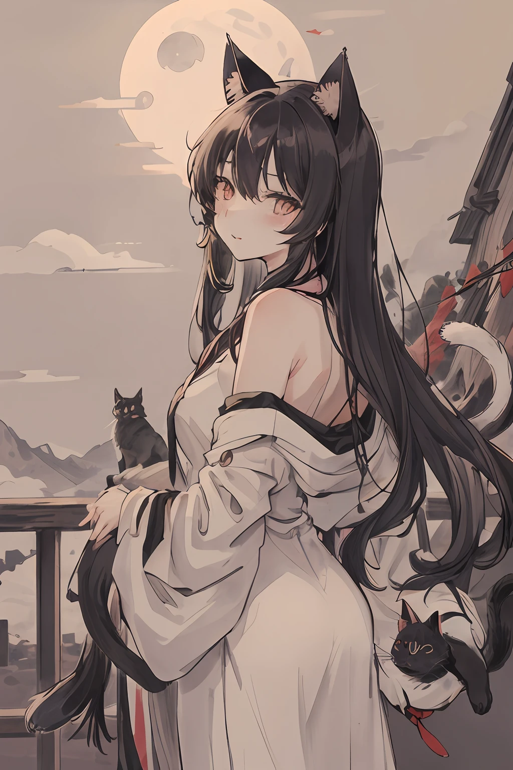 masutepiece, Best Quality, Night, A hill, Clouds, fullmoon,Looking back on this、 Long hair, A dark-haired、Cat's ears、Woman with cat eyes, silhuette,