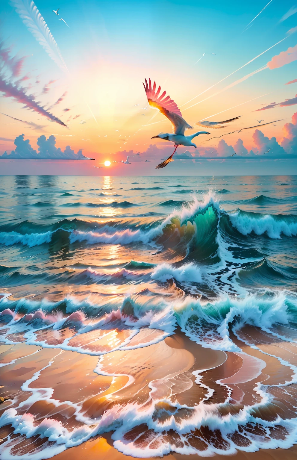 An absolutely mesmerizing sunset on the beach, with a mix of orange, pink, and yellow in the sky. The water is crystal clear, gently kisses the coast, and the white sand is endless. The scene is dynamic and breathtaking, with seagulls soaring high in the sky and palm trees swaying softly. Immerse yourself in the calm atmosphere and let the serenity surround you.