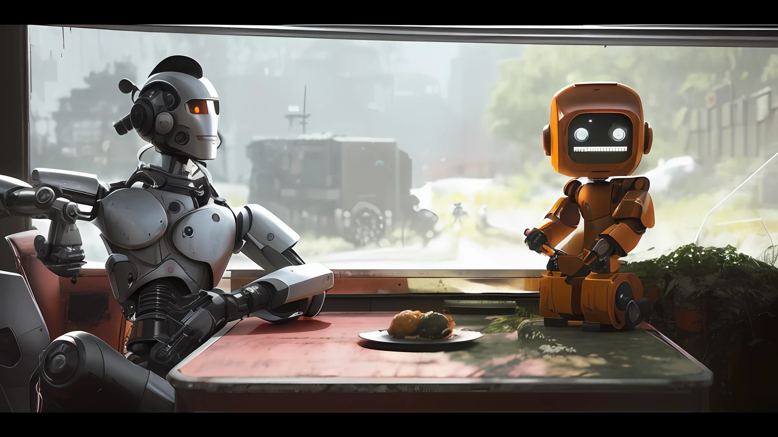 robots sitting at a table with a bowl of food in front of them, love death and robots, Motor irreal. retro film still, cinematic 3d render, amor morte + robots, death and robots, cinema 4d cinematic render, cinematic unreal 5, Motor irreal. filme ainda, detailed cinematic render, Pixar. octan render, a still life of a rusty robot