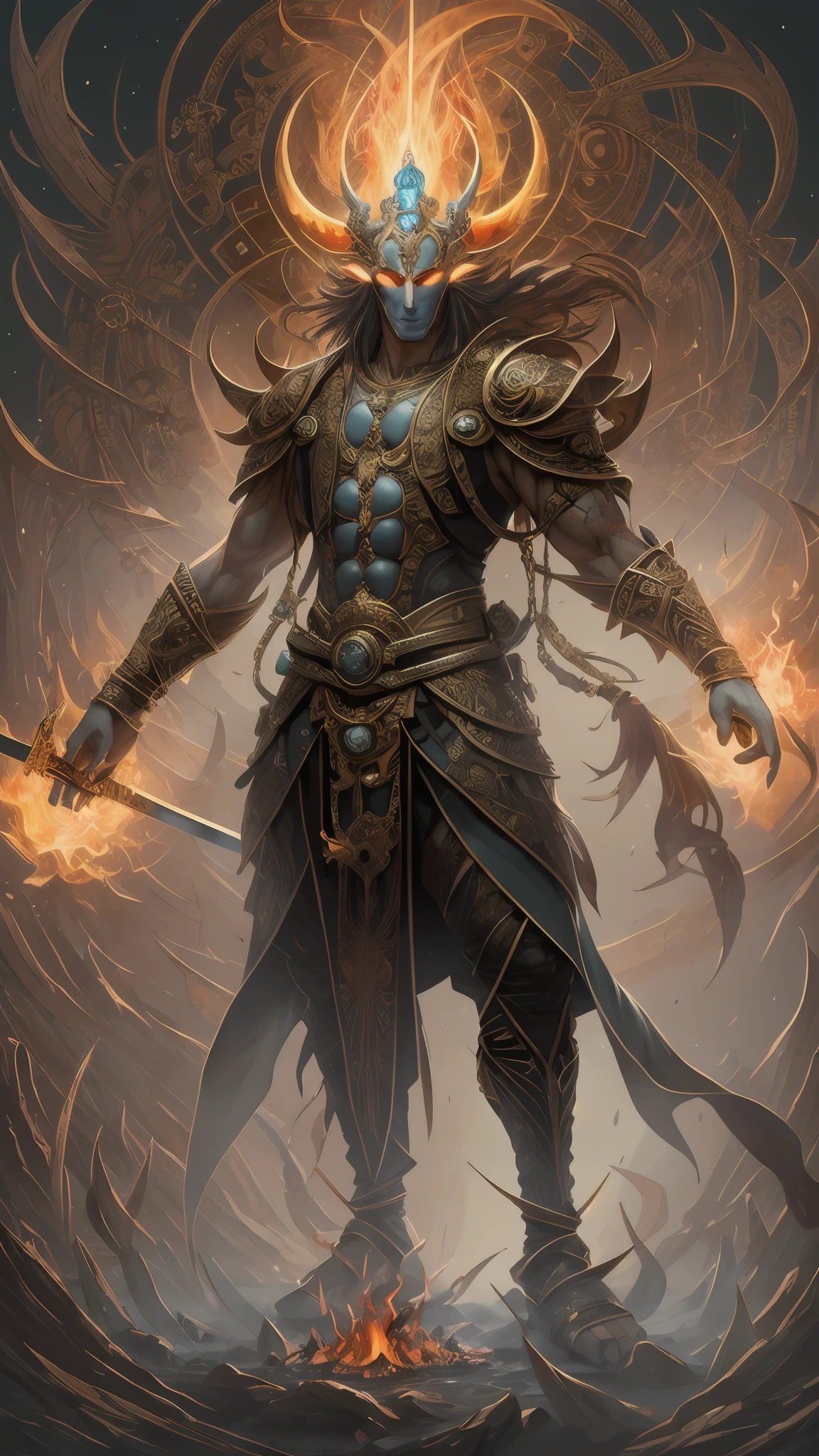 photore，sportrait，God floating on fire[The discovery of wormholes leads to a new world|The cursed prince must marry the Void]，[sci-fy：fanciful：0.6]cinmatic lighting，detailedbackground，at centre，Michael Bay style，insane detailed，k hd，concept-art，number art，with dynamism，（The most beautiful art in the world：1.2），（V0id3nergy：1.3），A man with a sword and a demon，beautiful male god of death，mohrbacher，Inspired by Shunkōsai Hokushu，In the artistic style of Morebach，asura from chinese myth，the god of chaos，Inspired by Ryūkōsai Jokei，Style Peter Molbach