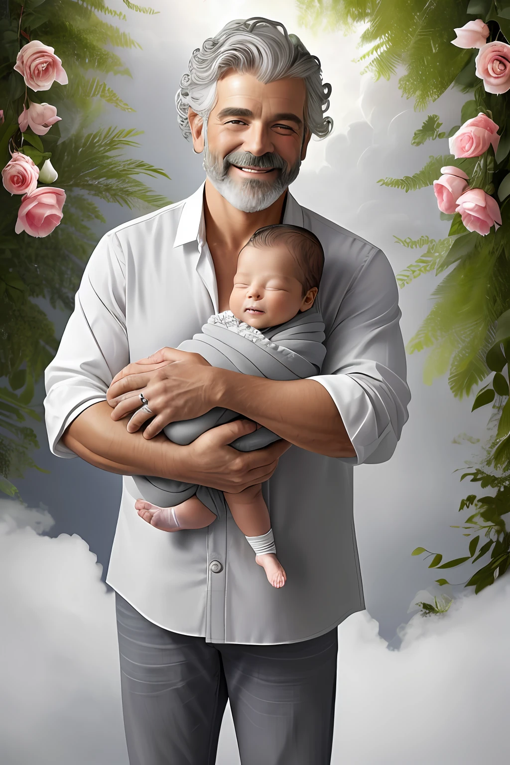 ( mil, Foto RAW, melhor qualidade, obra-prima: 1.2), ultra-detalhado, arte formal, renderizado: 1.37, foto na parte superior do corpo, (((Um (homem de meia-idade ,Gray hair curled up standing, Carefully holding a cute newborn baby), Both appear to be floating in the clouds in the sky. ))(They're both smiling happily, cercados por uma aura de tranquilidade e serenidade. The scenery is of a stunning place, cheio de paz e harmonia, conveying a feeling of love and connection between man and baby."),Beleza, ,sorrindo e ele sorri, pose IN FOOT and,Cheio de flor cor-s flor borboletas )and birds),detalhes,Rosas,flor),detalhes