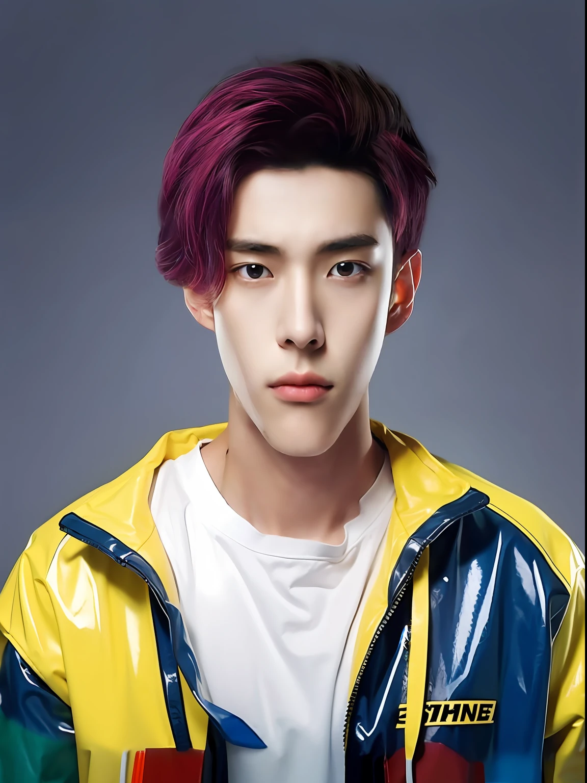 17-year-old male high school student,Wearing PVC yellow-blue tracksuits,Short hair,red brown,face expressionless
