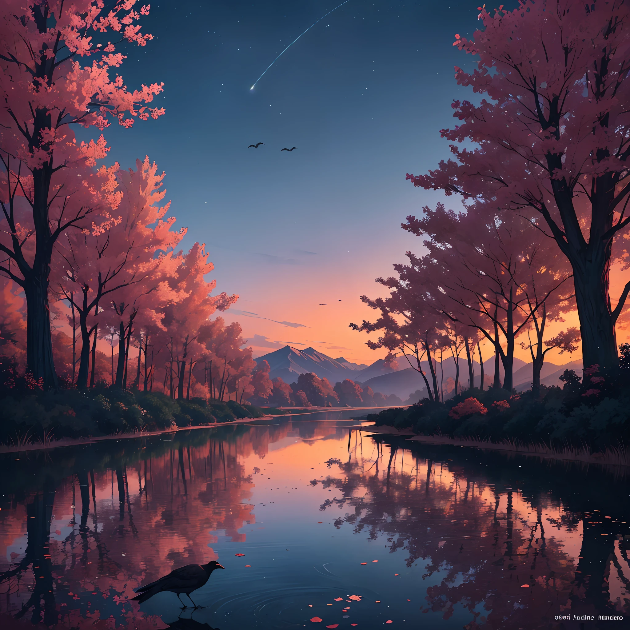 forest, night, multiple creeks, wet air, birds, (scarlet sunset), crystal clear water, glowing particles, scenery, (vast gradient skies:1.05), (mountains:0.8)