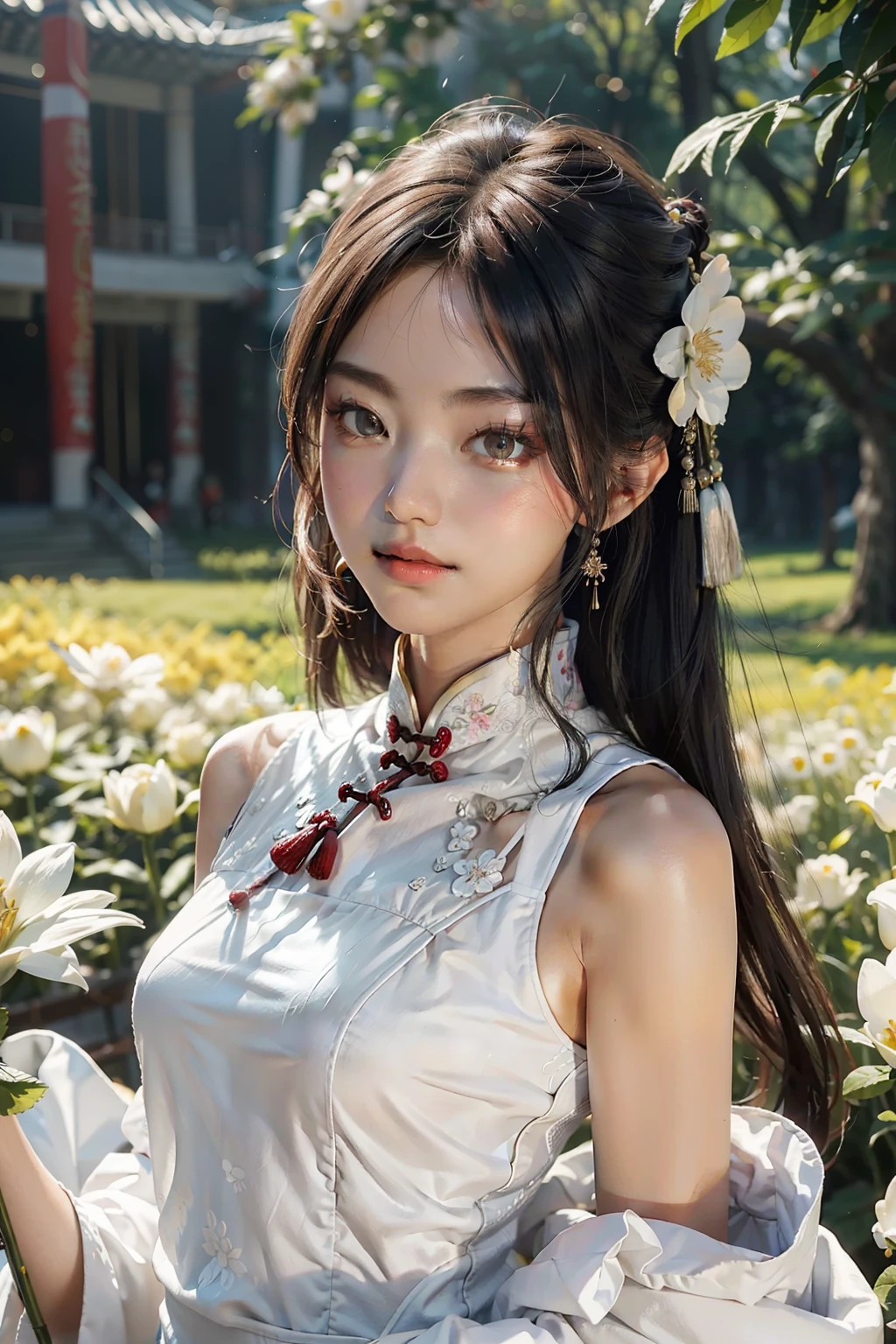 best qualtiy，tmasterpiece，超高分辨率，（真实感：1.4），RAW photogr，1girl，white dresses，Raised sexy，chinese ancient costume，cropped shoulders，blooming flower field，Glowing skin，Light smile