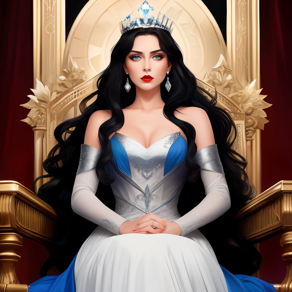diamond face shape, snub nose, tall, strong body, white skin, long dark black wavy hair and electric blue eyes, high cheekbones and a soft, full mouth, silver tiara crown, dark red lips, red spaghetti strap dress, powerful queen sitting on a throne, serious expression