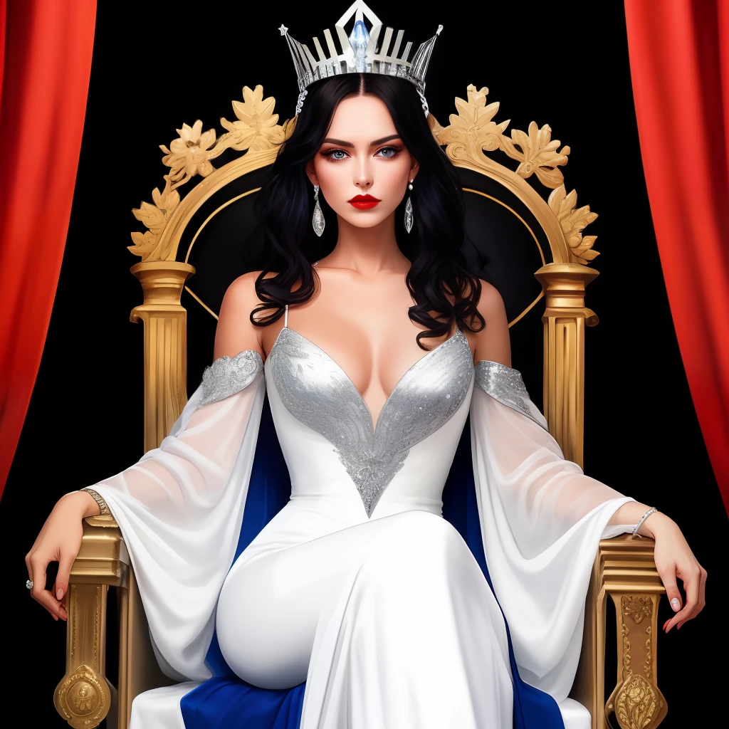 diamond face shape, snub nose, tall, strong body, white skin, long dark black wavy hair and electric blue eyes, high cheekbones and a soft, full mouth, silver tiara crown, dark red lips, red spaghetti strap dress, powerful queen sitting on a throne, serious expression