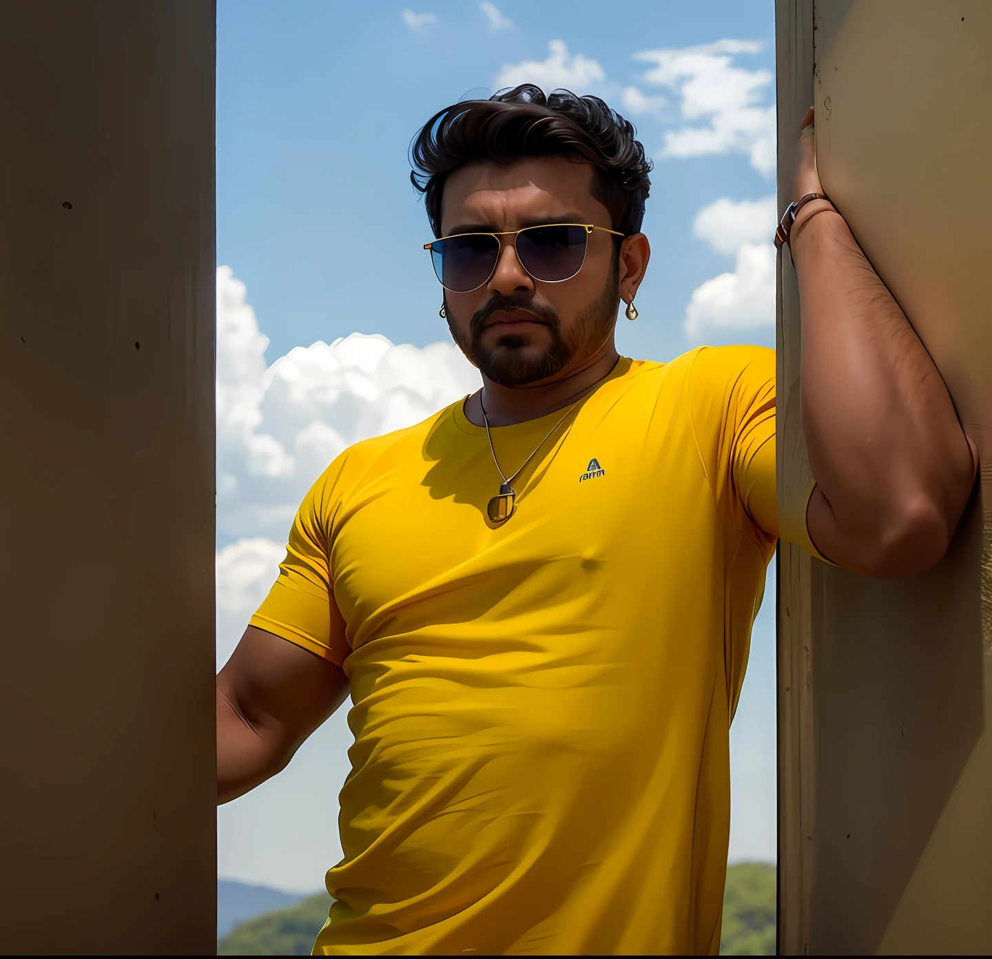 there is a man wearing a yellow shirt and sunglasses, jayison devadas style, jayison devadas, very very low quality picture, new song, low quality video, viral post, facebook post, in style of neodada, vinayak, with accurate face, tiktok video, ayan nag, in style of col price, inspired by Kailash Chandra Meher