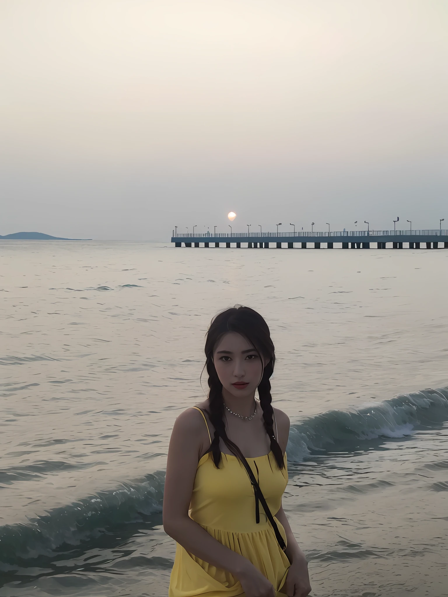 ((midynight, Need, 8k, tmasterpiece:1.3)), full bodyesbian, Long legs, Focalors:1.2, perfect figure beautiful woman:1.4, Slim abs:1.1, ((Dark brown hair, huge tit:1.2 )), (dress in yellow, standing on your feet:1.2), Highly detailed facial and skin texture, A detailed eye, 二重まぶた