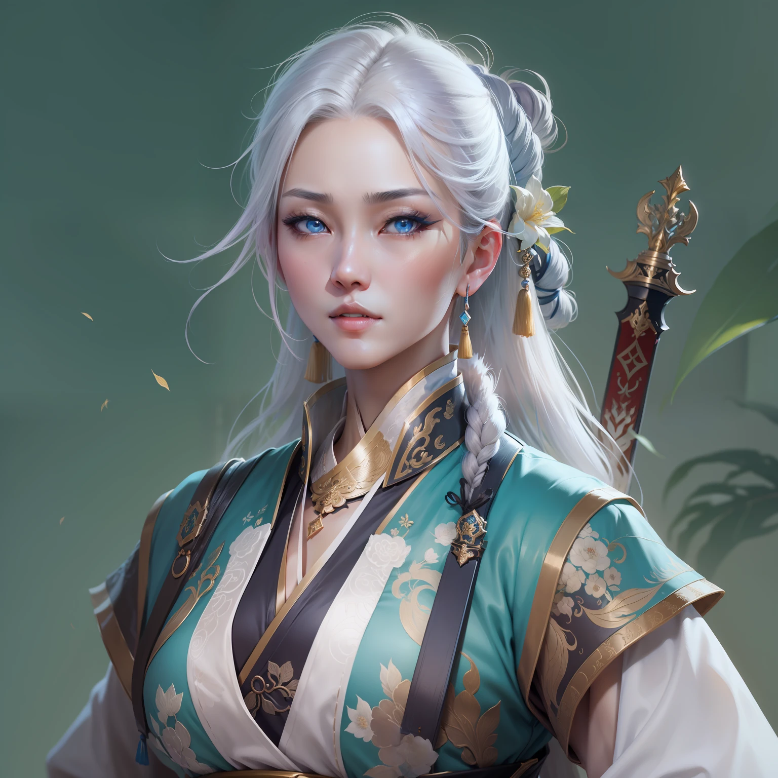 a close up of a young woman in her 30's, with blue eyes and white hair, a heroine in wuxia style, beautiful woman, martial artist holding a sword, standing in a chinese monastary, new costume concept design, in the style of blade and soul, concept art of a monk, full body character concept, detailed character design, inspired by Yang Jin, inspired by Li Mei-Shu, chinese costume, inspired by Lan Ying, inspired by Sim Sa-Jeong, inspired by Li Tang, lunar themed attire, costume with blue accents, inspired by Ju Lian, colored concept art, highly detailed character design, highly detailed face, inspired by Ai Xuan, very highly detailed face, unreal engine render, final fantasy 14 style, inspired by Leng Mei