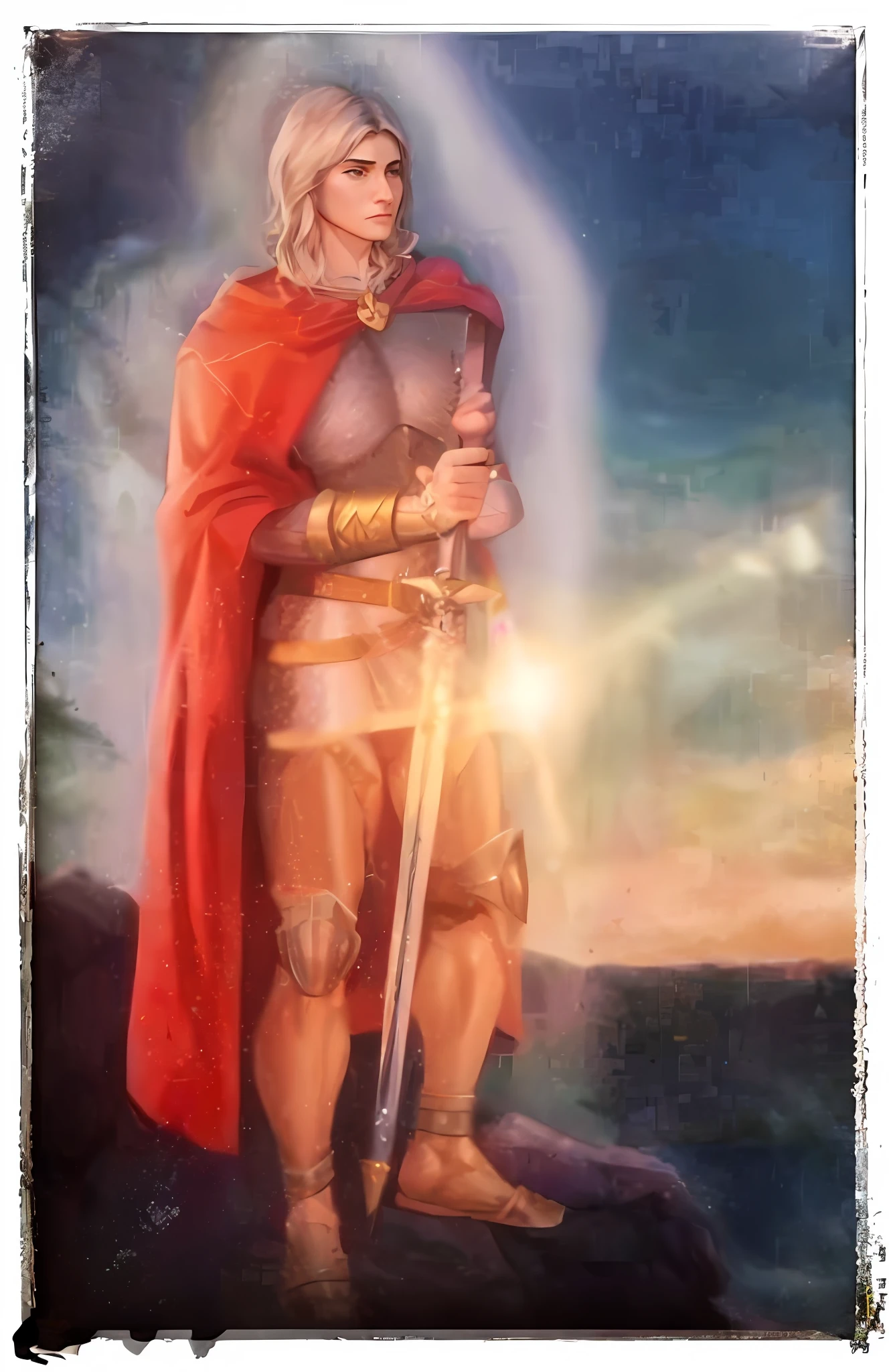 pintura de um homem de armadura segurando uma espada e um escudo, estilo 300 de esparta, Arcanjo Miguel, segurando sua longa espada, padroeiro do 🛸🌈👩🏾, inspirado em Hubert van Eyck, inspired by Mór Than, [ Tarot card ]!!!!!, saint of the pit, saint michael the angel, inspirado em Hans Memling, Inspired by 300 thermopylae, hepaminondas,