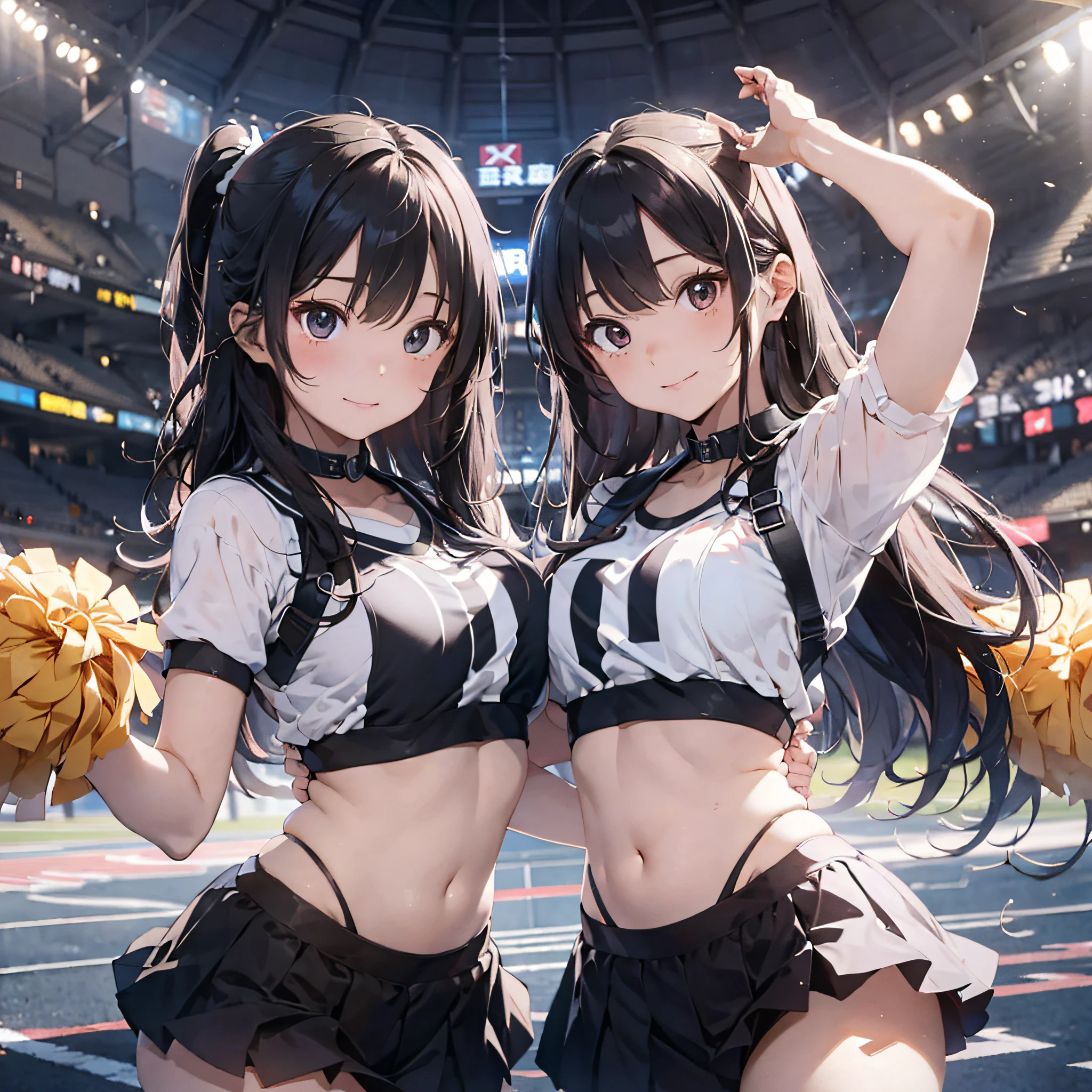 Two Alafed Asian cheerleaders posing dynamically with large pom-poms in each hand in the stadium、a closeup、cosplay foto、Anime Cosplay、tiny chest、Raw photography, top-quality, hight resolution, (masterpiece), (Photorealsitic:1.4), professional photograpy, foco nítido, nffsw, 8K分辨率, intricate detailes, depth of fields, the Extremely Detailed CG Unity 8K Wallpapers, front lit, girl with, beautiful supermodel, A smile、A slender、Korean style uniform、Peeking from below、(skinny thigh)、I see underwear、Wearing a sun visor on the head、