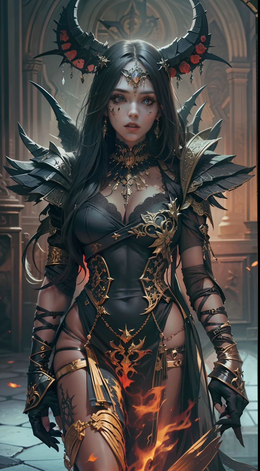 Beautiful woman in insanely intricate Demonic sorceress Outfit
