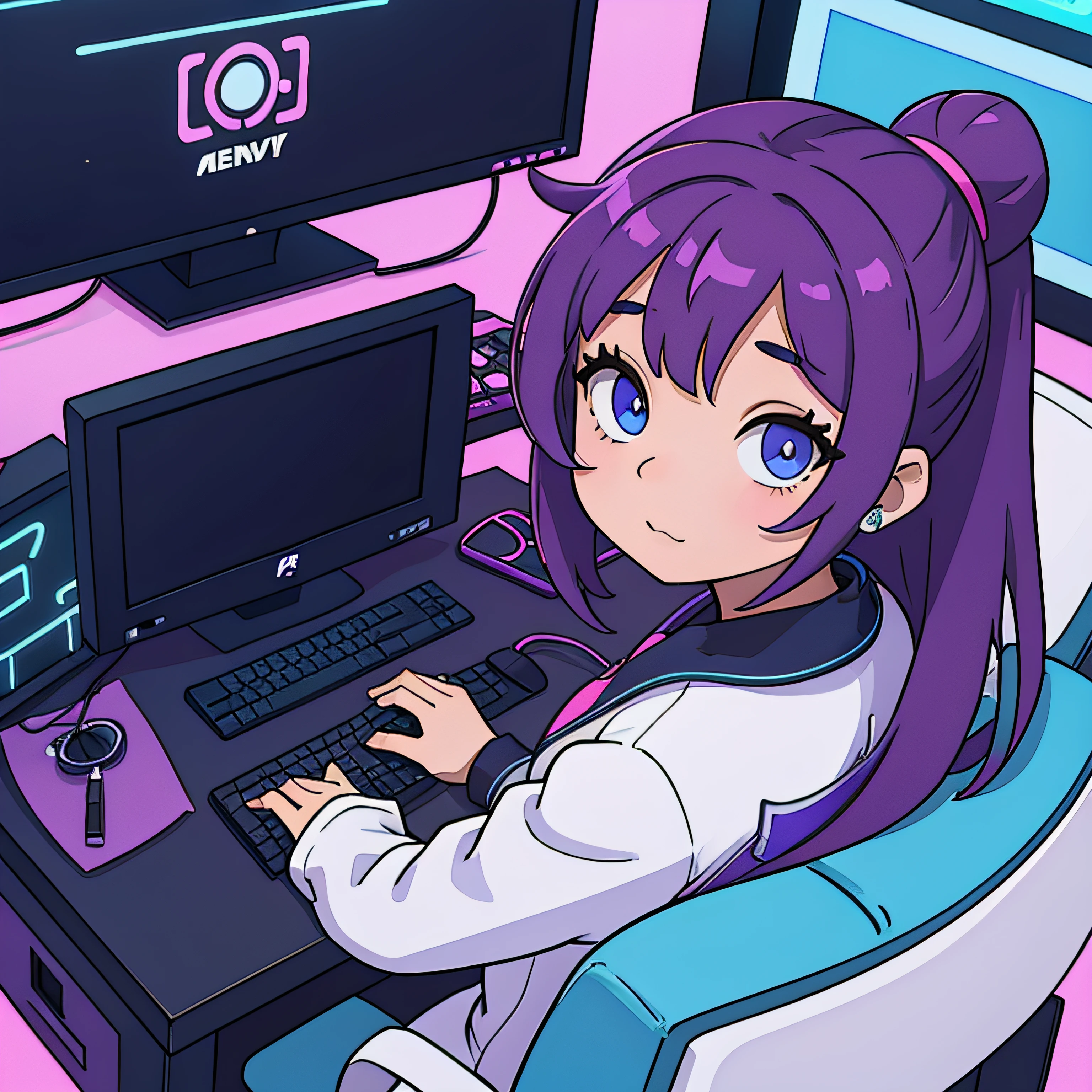 menina neon estudando em seu computador