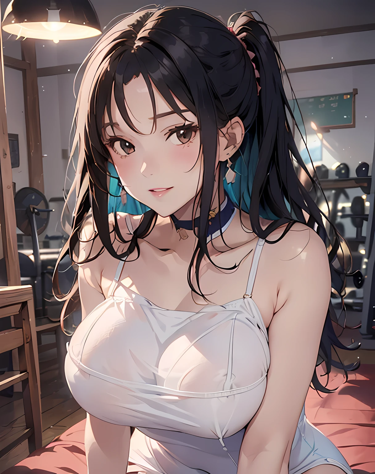 (((face close-up image:1.5, from below, POV, holding own breasts:1.3, grabbing own breast:1.3, leaning forward:1.5))), (masterpiece, best quality:1.37), highres, ultra-detailed, ultra-sharp, BREAK, Korean school idol, (((1girl:1.37, solo))), (beautiful anime face, cute face, detailed face), (black hair:1.3, thin hair:1.3, long straight hair:1.3), detailed beautiful cyan eyes, BREAK, ((detailed white camisole one-piece dress:1.5)), BREAK, lovely look, earing, detailed clothes), large-breast:1.37, light smile, closed mouth, parted lips, pink lipstick, BREAK, ((looking straight at you, cowboy shot)), detailed human hands, HDTV:1.2, ((detailed night private gym venue background:1.3, on bed)), 8 life size, slender:1.15, anime style, anime style school girl, perfect anatomy, perfect proportion, inspiration from Kyoto animation and A-1 picture, late evening, excellent lighting, bright colors, clean lines, photorealistic