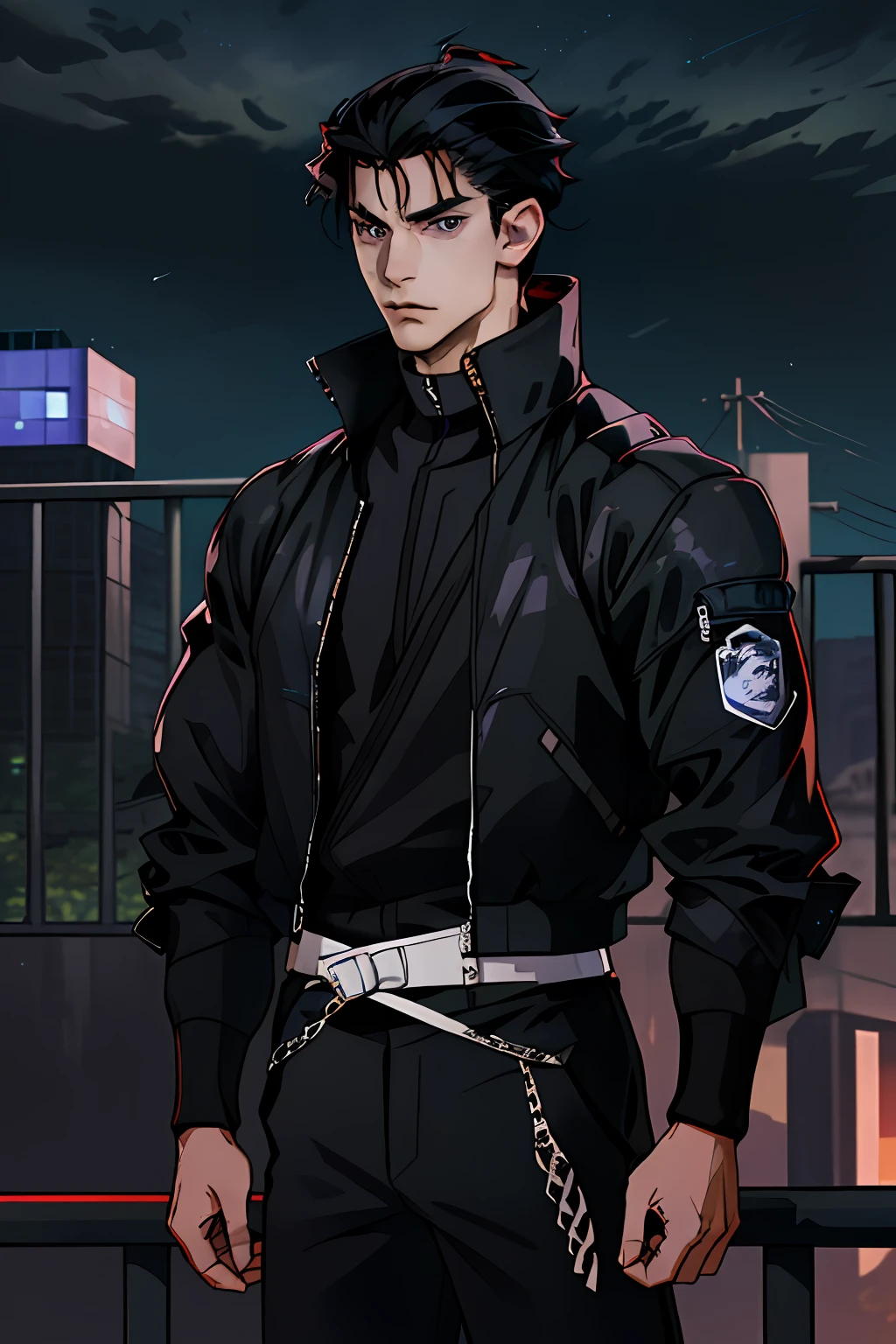 (absurdes, ah high, ultra detialed), ciberpunk, 1人, tmasterpiece, Mature man, big, beste-Qualit, extra high resolution, nightfall, urban landscape, Depth of field, tall muscular guy, ((gray eyes)) , Long black hair, forehead, angular jaw, thick neck, wide shoulders, Stern face, Collared jacket, Single man, (bristle), ciberpunk, to the waist, gaze at the viewer