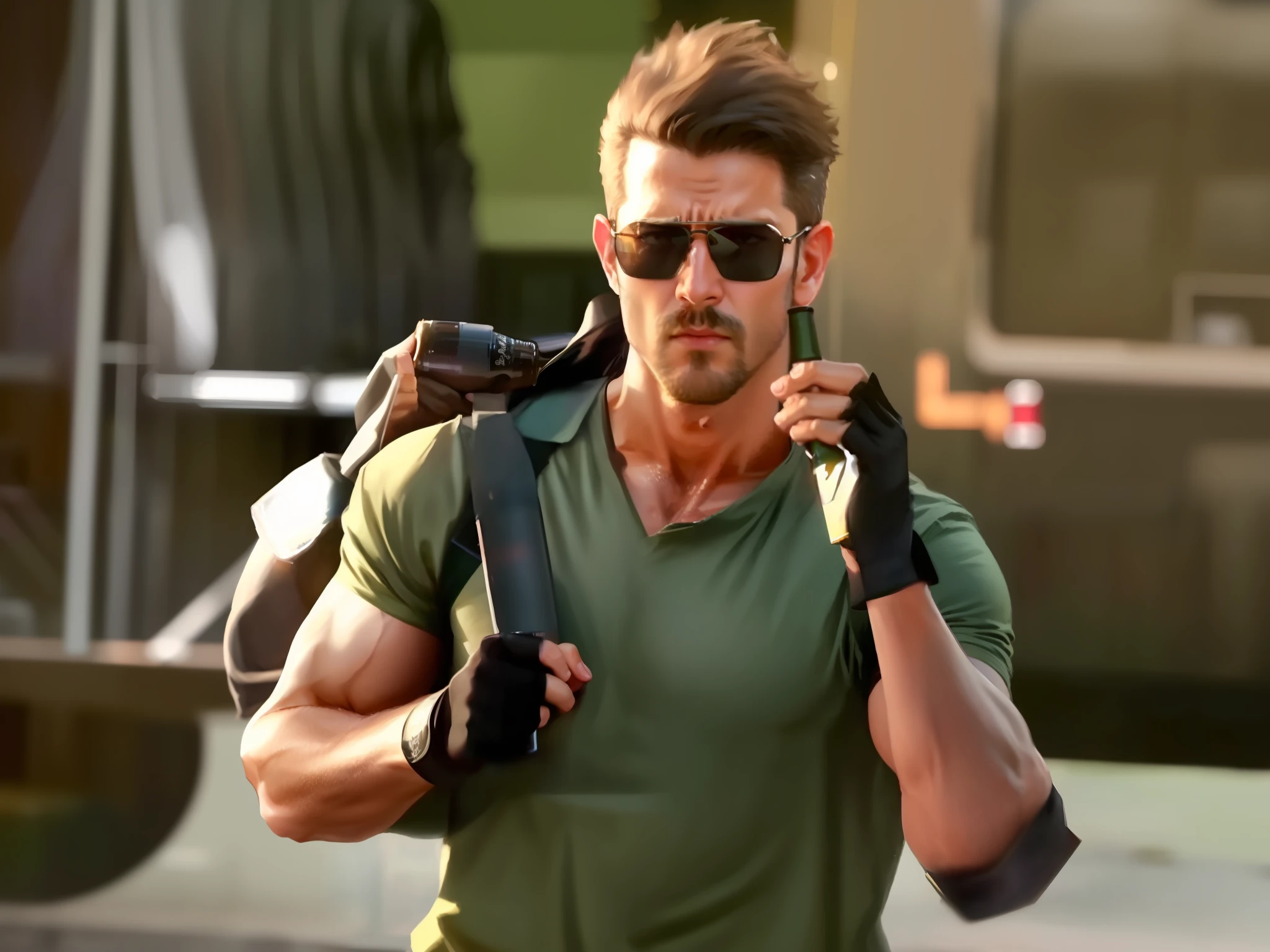 a close up of a man holding a bottle of beer, action movie still, roshan, action film, action thriller, 🕹️ 😎 🔫 🤖 🚬, rambo, movie action still frame, shot f