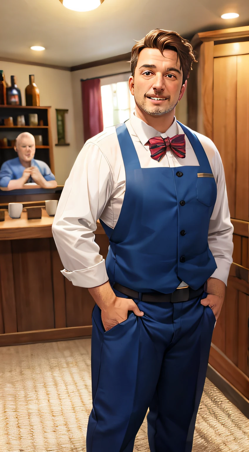 Tavern Master full bodyesbian is standing middle aged man