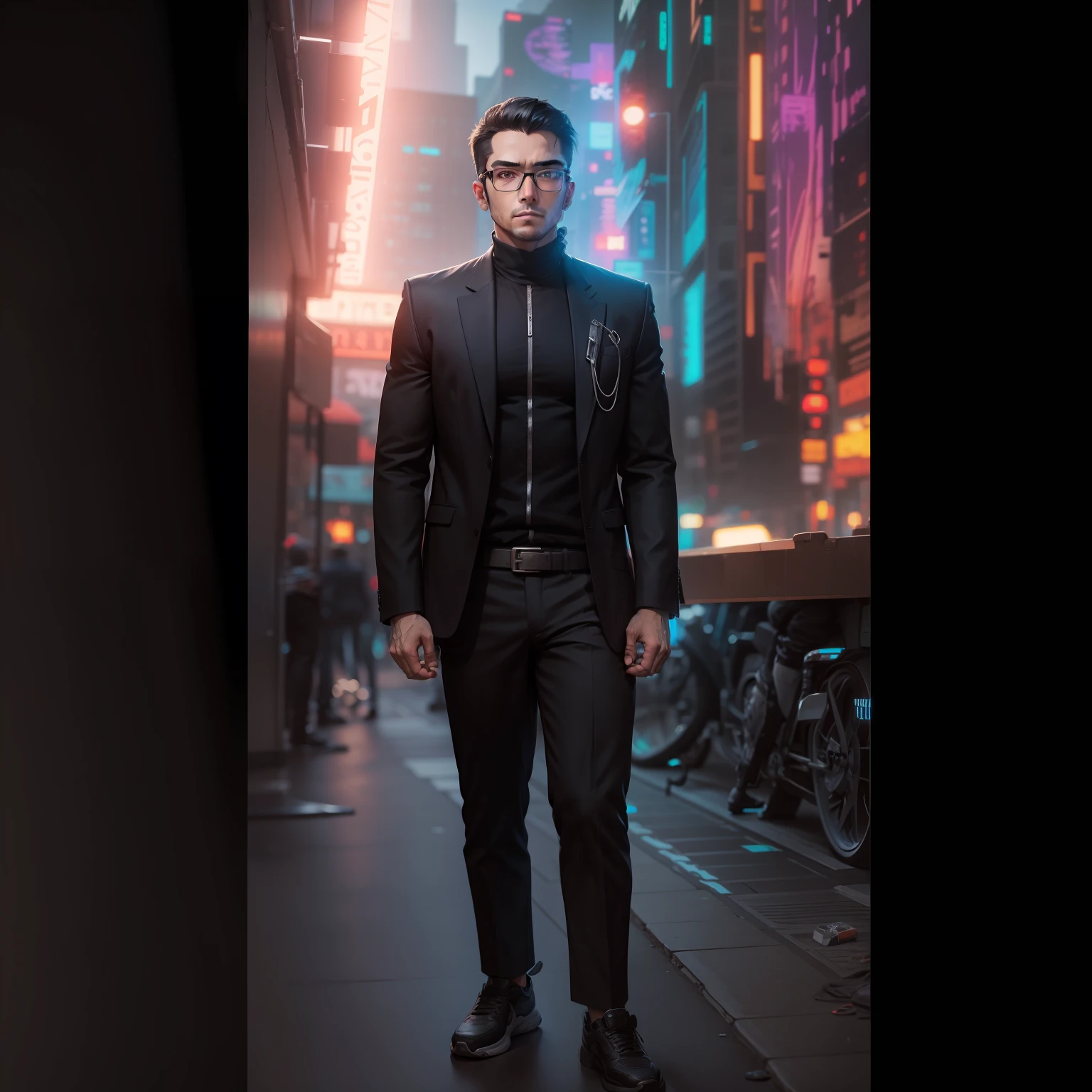 Similar face and glasses, cyberpunk, focus, casual dressing, blackish background, smart body,handsome, 8k,white colour