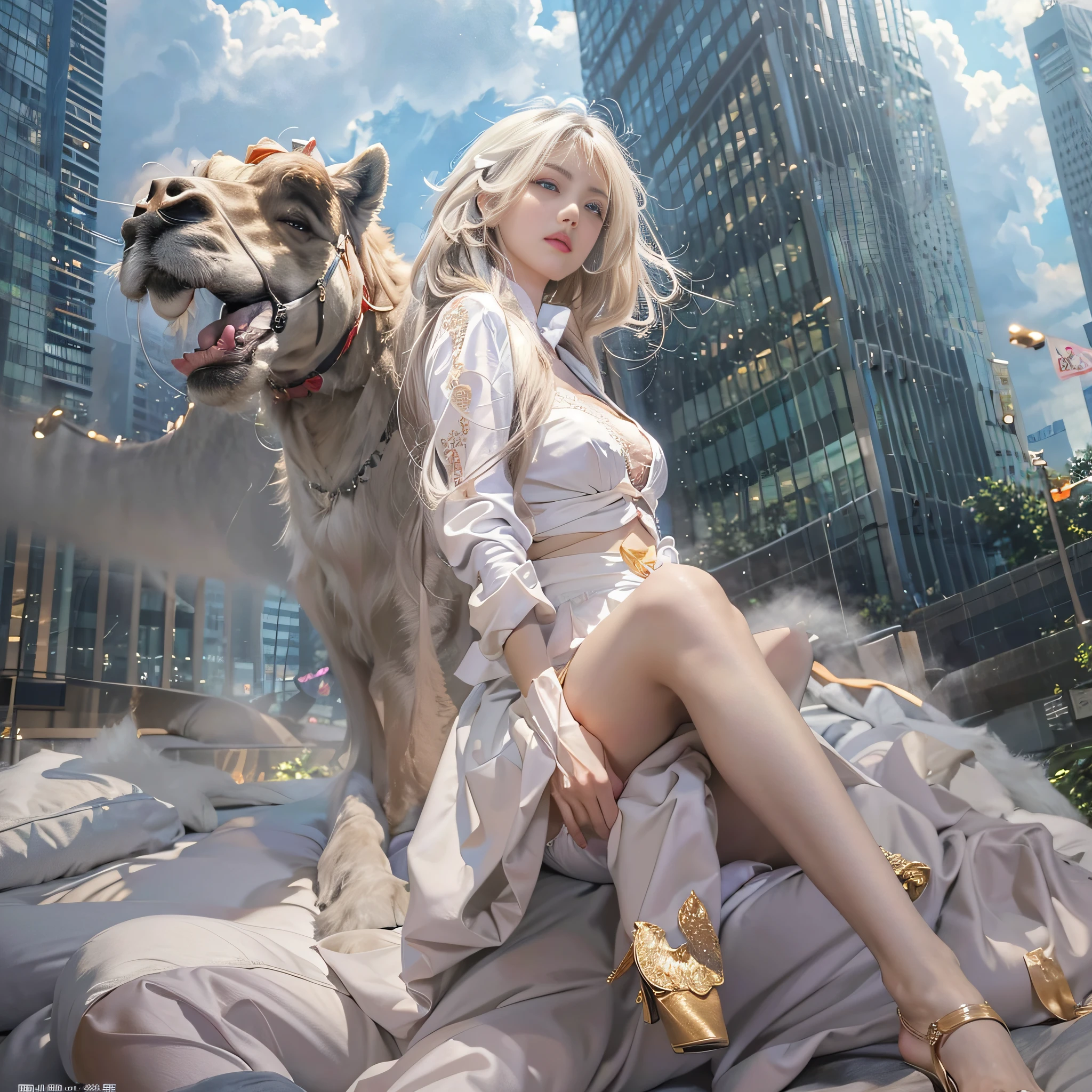 (Hyper-realistic), (illustratio), (A high resolution), (8K), (extremely higly detailed), (Most Best Illustration), (美丽细致的眼睛), (best qualtiy), (ultra - detailed), (tmasterpiece), ( wallpaper), (详细的脸), 独奏，(dynamicposes)，1 rapariga, On skyscrapers，White wavy hair, korean people, heterochromatic eyes, small mole under eyes, ((A-line skirt)), Bigchest, Long legs, Tightens abs，(Camel toes)，(blackstockings)，(pantyless)，(no bra)