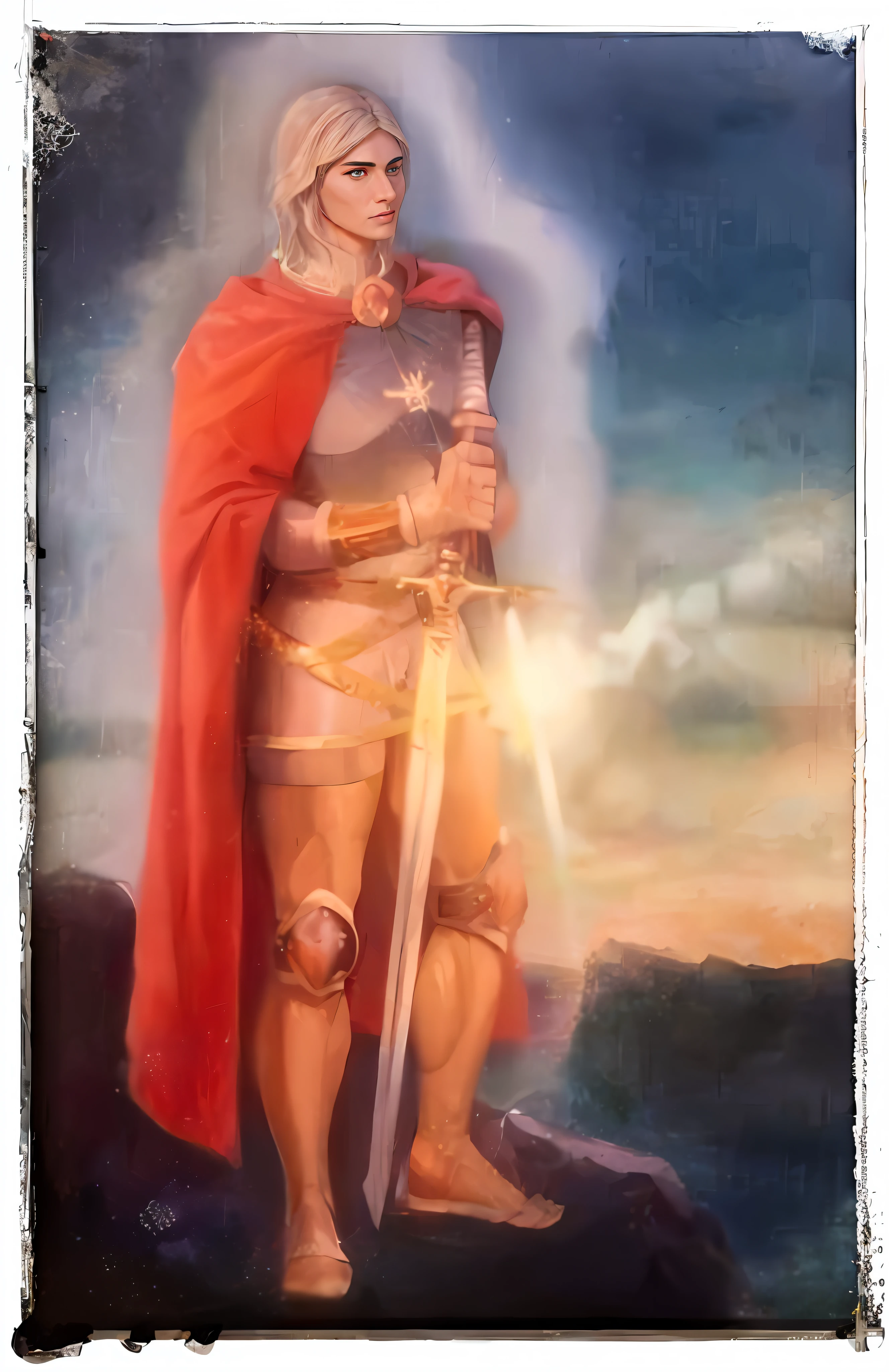 pintura de um homem de armadura segurando uma espada e um escudo, estilo 300 de esparta, Arcanjo Miguel, segurando sua longa espada, padroeiro do 🛸🌈👩🏾, inspirado em Hubert van Eyck, inspired by Mór Than, [ Tarot card ]!!!!!, saint of the pit, saint michael the angel, inspirado em Hans Memling, Inspired by 300 thermopylae, hepaminondas,
