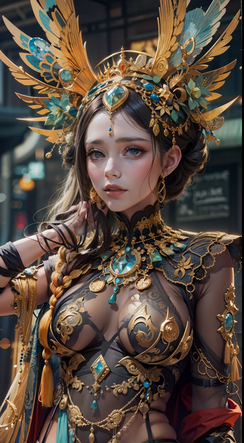 Beautiful woman in insanely intricate Fae trickster Outfit