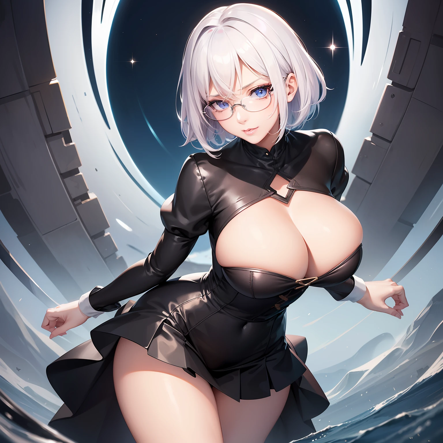 view from directly below, sole, high image, super detail, high resolution, anime, manga, illustration, fantasy, super intelligent beauty, amorous expression, mysterious, embarrassed look, seductive look, laugh like a prankster, happy, shy, messy medium short white hair, sparkling blue eyes, pink lips, black glasses, huge , under boob, g proportion, perfect proportion, slender, full body, flared mini skirt, roll up the skirt
