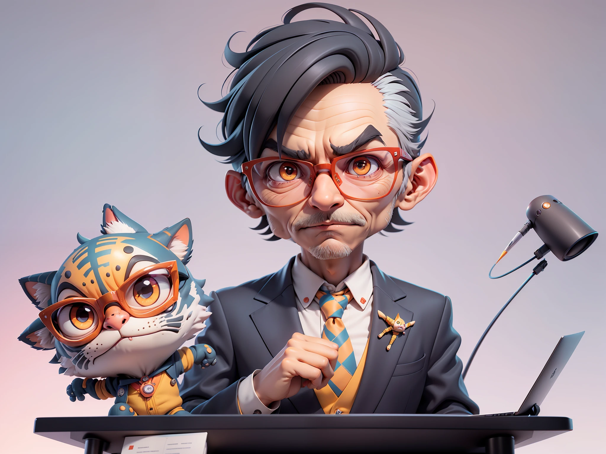 A young man in a suit, Short hair and glasses sat at his desk，holding laptop，digitial painting，tigre，3D character design by Mark Clairen and Pixar and Hayao Miyazaki and Akira Toriyama，4K HD illustration，Very detailed facial features and cartoon-style visuals。