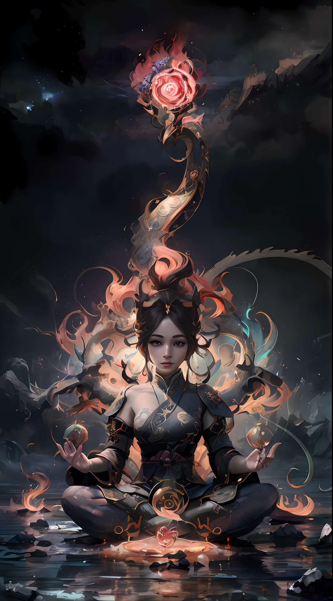 a woman sitting in a lotus position with a flower on her head, by Yang J, epic fantasy digital art style, fantasy art style, beautiful digital artwork, 4k highly detailed digital art, 8k high quality detailed art, 8k stunning artwork, epic fantasy art style, epic fantasy art style hd, detailed fantasy digital art, by Li Song, digital fantasy art )