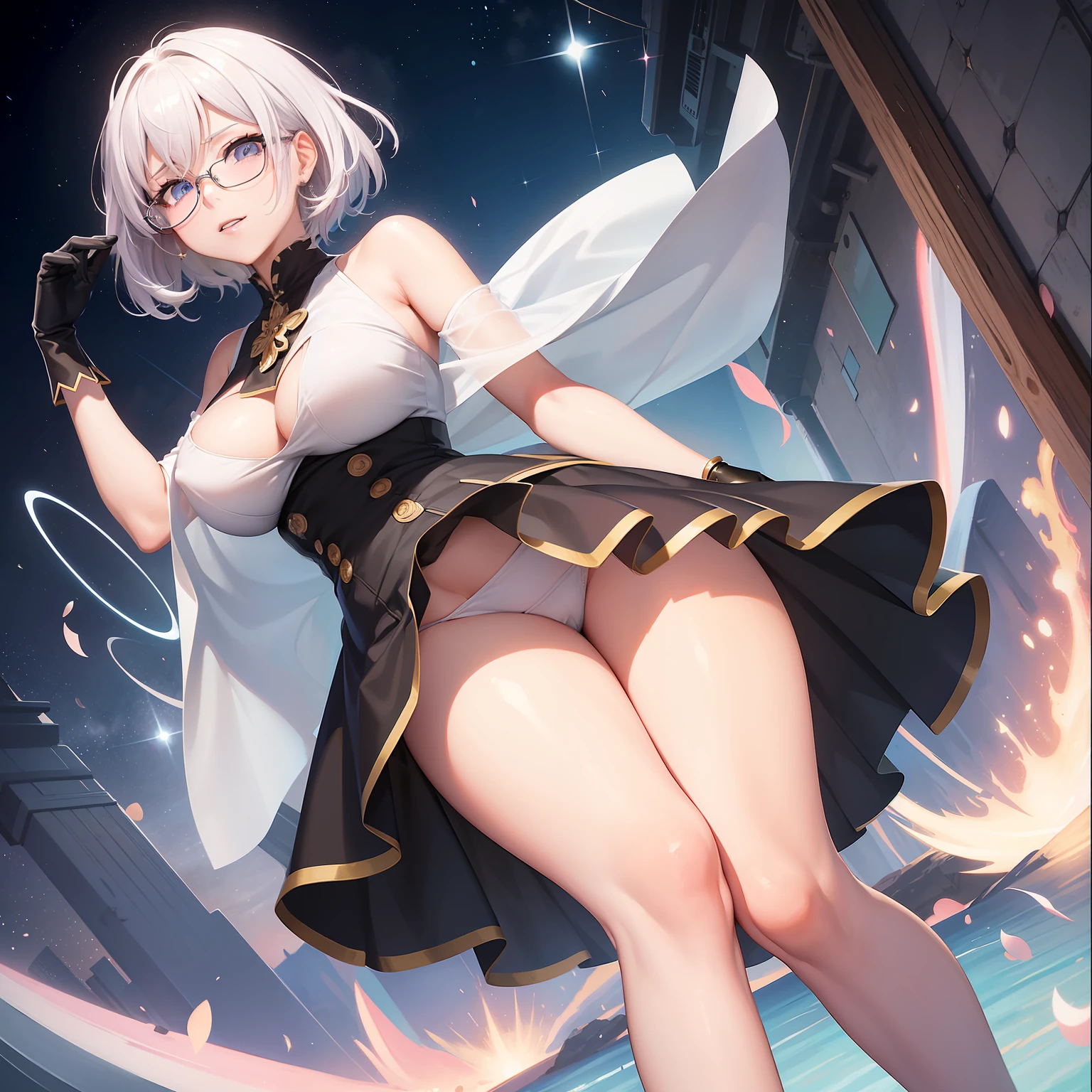 view from directly below, sole, high image, super detail, high resolution, anime, manga, illustration, fantasy, super intelligent beauty, amorous expression, mysterious, embarrassed look, seductive look, laugh like a prankster, happy, shy, messy medium short white hair, sparkling blue eyes, pink lips, black glasses, huge , under boob, g proportion, perfect proportion, slender, full body, flared mini skirt, roll up the skirt