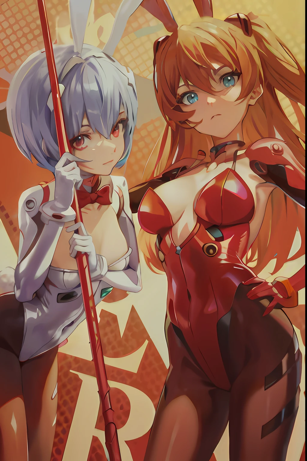 tmasterpiece,Anime characters wearing rabbit ears and a rabbit tail holding a pole, Biomechanical OPPAI, vermillion and cyan, ilya kuvshinov and artgerm, artgerm and ilya kuvshinov, evangelion anime poster, gainax anime style, Neon Genesis Evangelion fanwork, Anime a poster, from evangelion, ( Evangelion ), Anime girls
