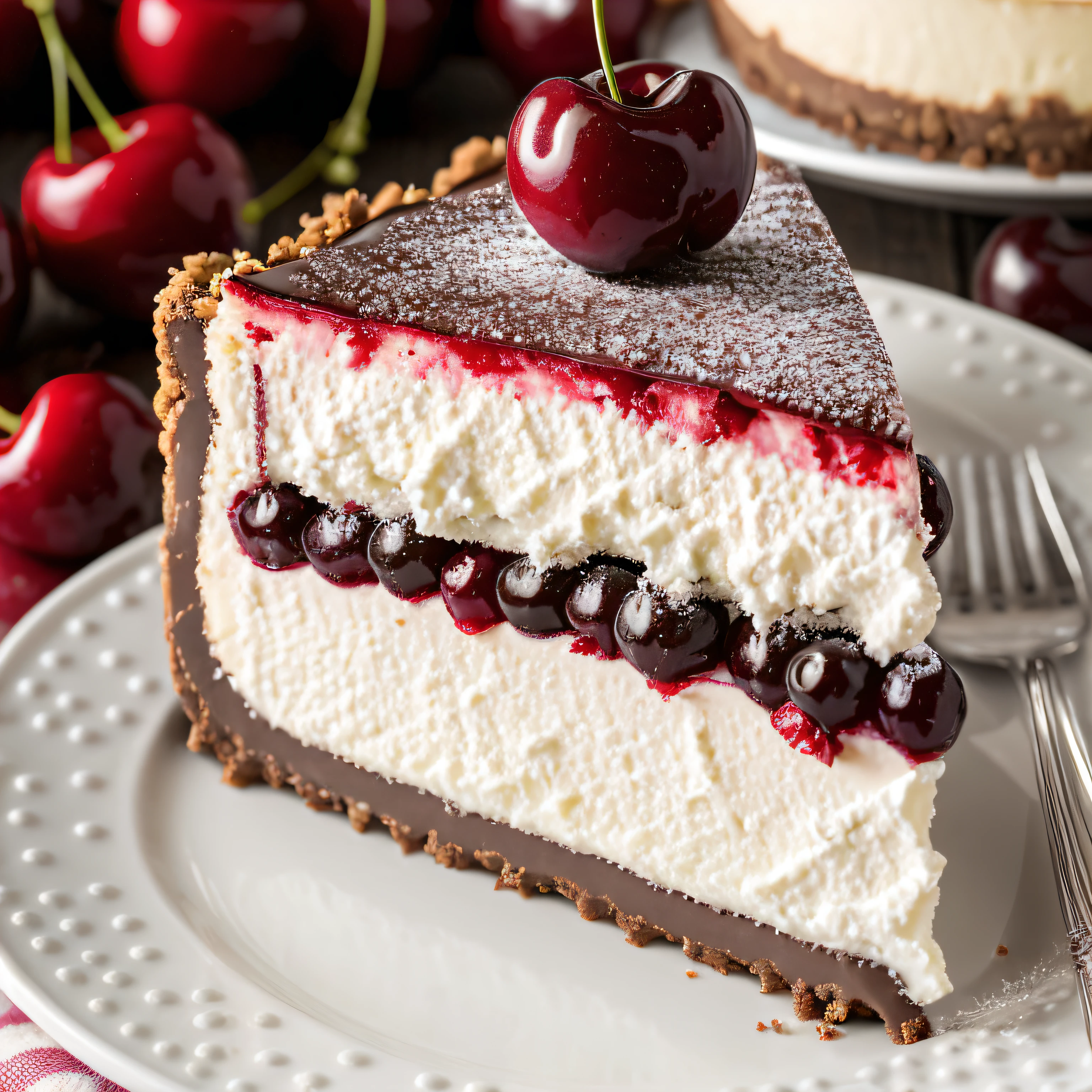 Appetizing slice of cherry cheesecake with chocolate, delicious, fragrant, detailed  professional photography and light, close-up