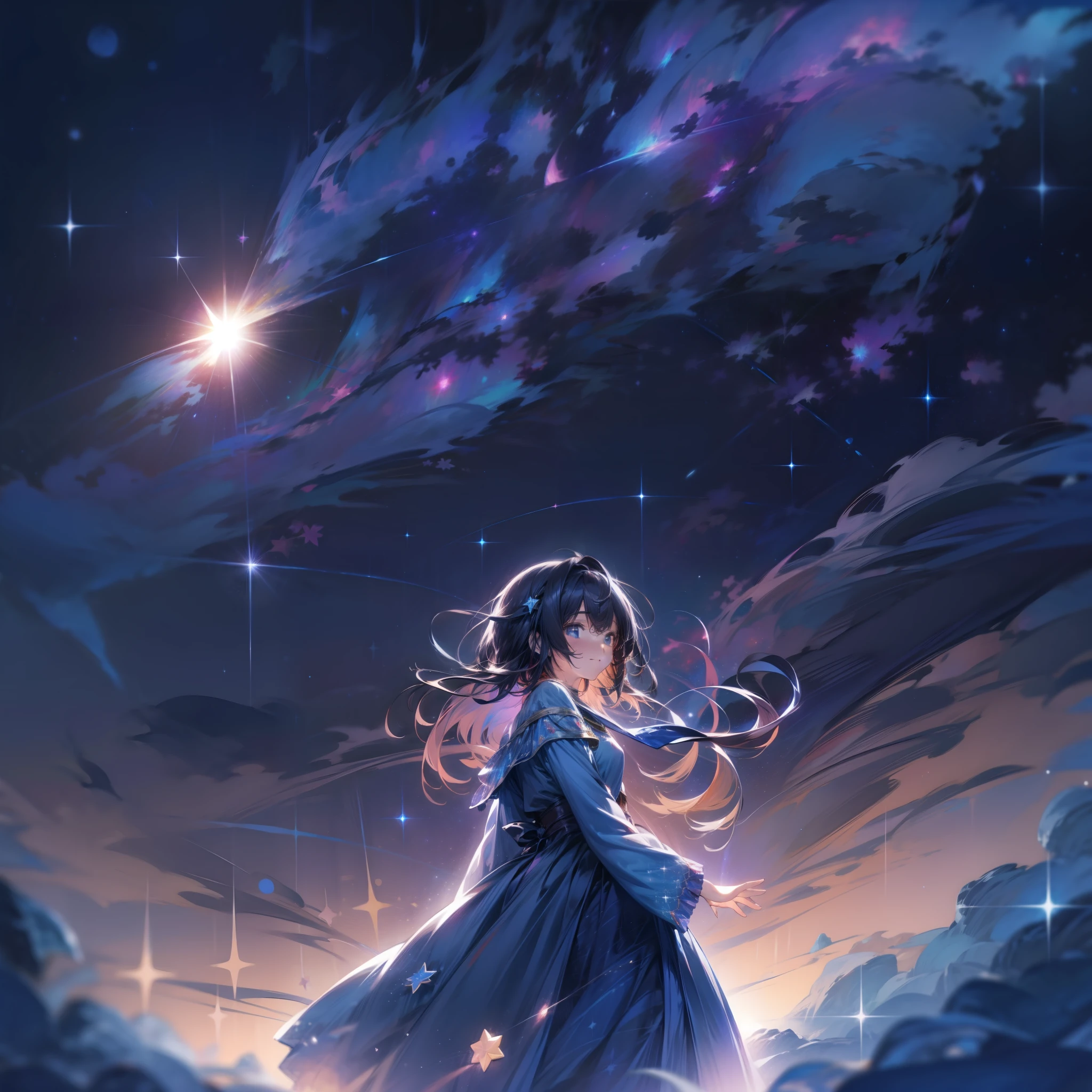 The illustration of a girl shining against the starry sky is、Depicts an enchanting sight enveloped in a beautiful night sky。
With 8K ultra-high definition detail、Star-filled sky々shines、A fantastic landscape with constellations floating quietly spreads out。She against the background of the starry sky、Standing with elegant charm。The glow of the starry sky gently illuminates her figure、It has a mysterious atmosphere。
Her beautiful black hair is、The inner color is colorful、stele々Colorful shades reminiscent of the brilliance of。The inner color in harmony with the starry sky highlights her unique beauty.。
The dress she wears is、Designed with the image of the brilliance of the starry sky and the mystery of the universe。Elegant silhouette complements her beautiful body line、It has a charm that makes you feel like you are one with the starry sky.。
The pose is of her looking up at the starry sky.、Deep emotion and enigmatic expression express the depths of her heart.。Stars in her eyes々The brilliance of、It depicts a mysterious gaze as if he knows the secrets of the universe.。
While the light of the starry sky shines on her、Tiny particles of light dance around her.、It has a magical and mysterious atmosphere.。stele々surrounded her.、It depicts a fantastic figure that seems to be part of the universe。
The entire illustration is full of starry energy、It makes her figure shine even more mysteriously.。It depicts a beautiful scene that combines the starry sky and her charm。
Starry sky spreads out in the background、Her standing in a quiet universe is beautifully projected.。The serenity of the starry sky combined with her radiant figure、A fantastic illustration that will shake the hearts of the viewer has been completed.。